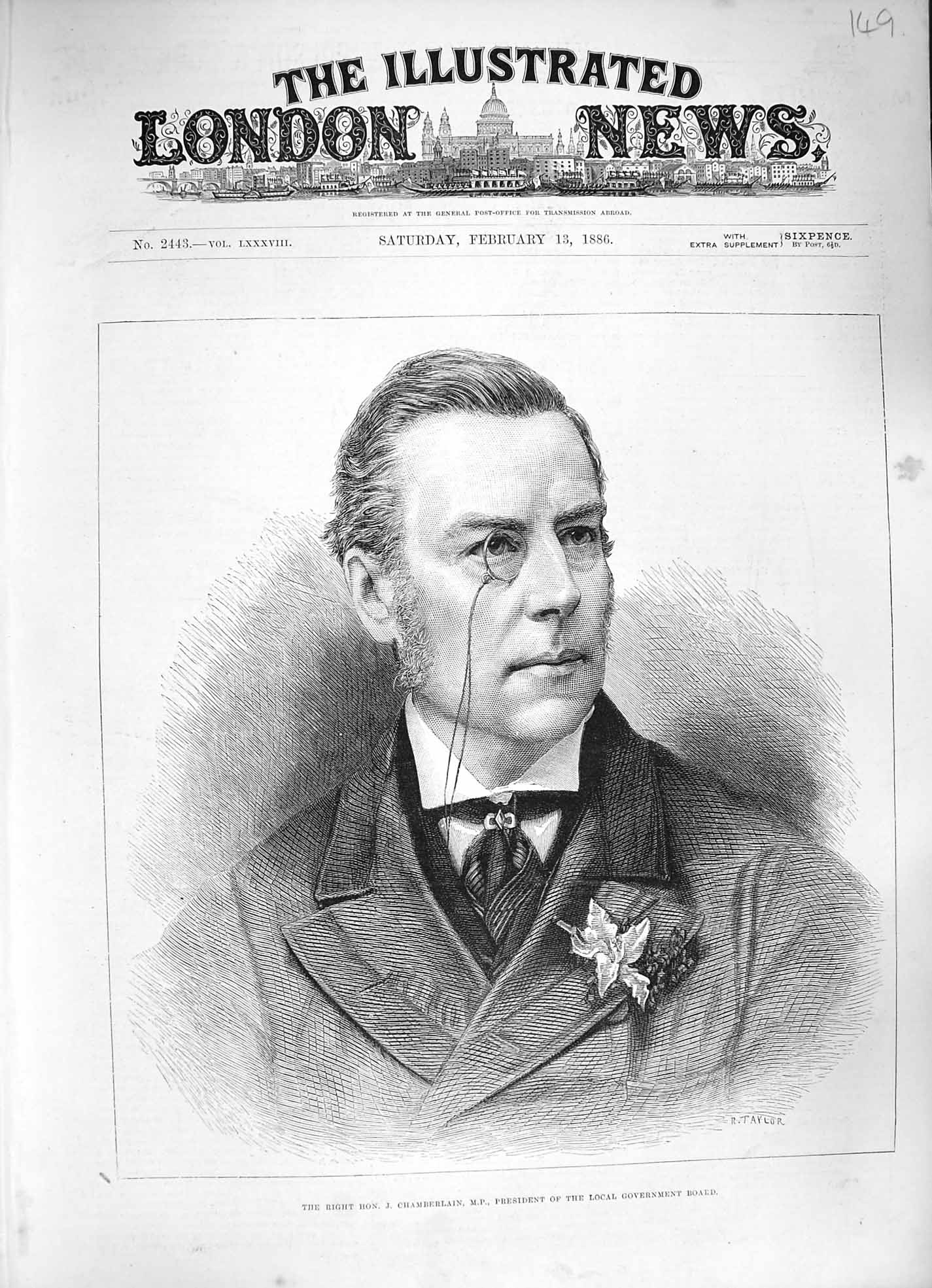 Antique Old Print *3372 1886 Portrait Chamberlain President Government Board