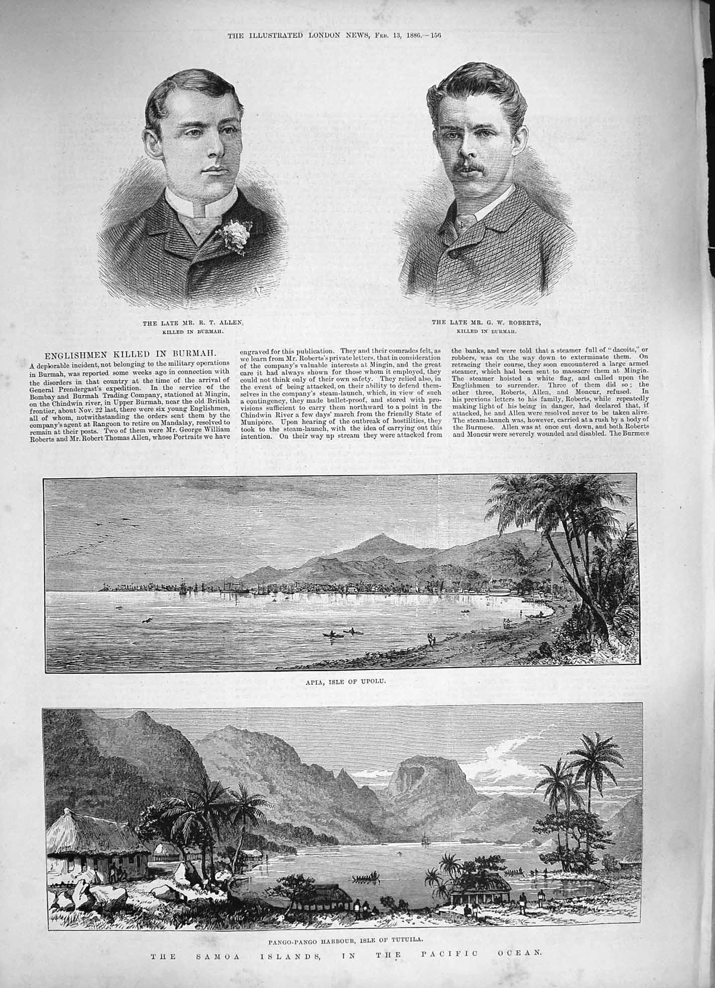 Original Old Antique Print 1886 Samoa Islands Pango-Pango Tutuila Allen Roberts