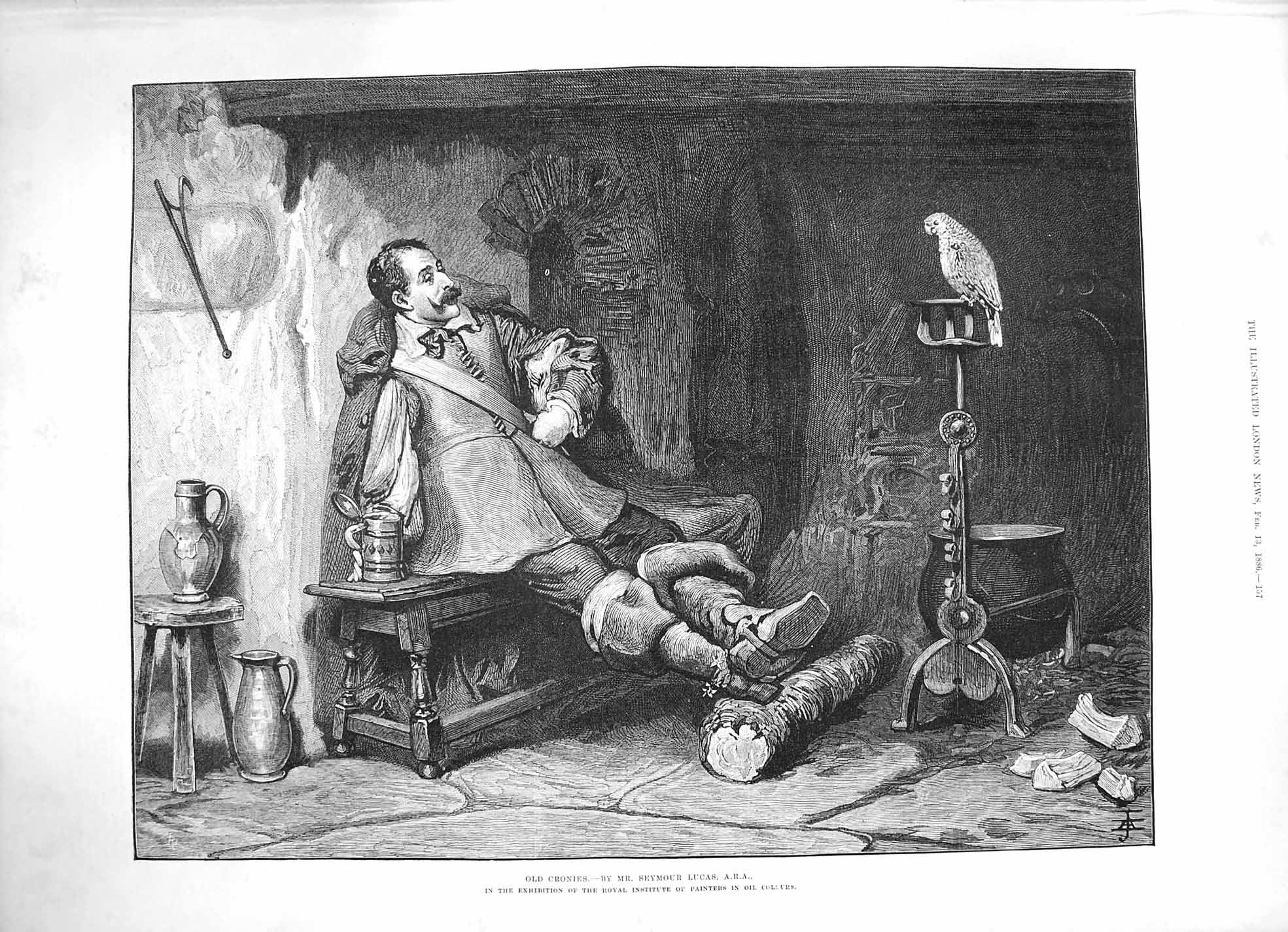 Original Old Antique Print 1886 Cronies Man Parrot Bird Perch Lucas Fine Art