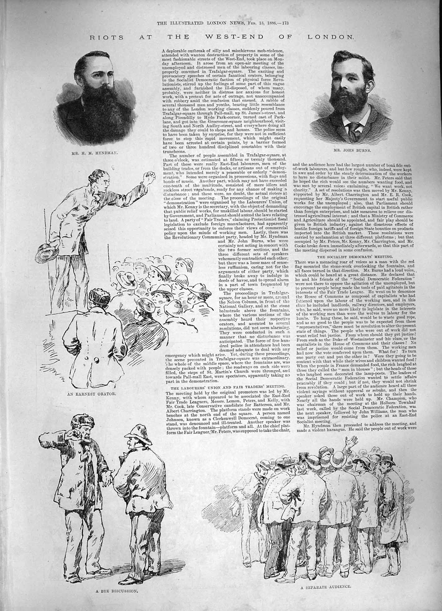 Original Old Antique Print 1886 Riots London Burns Hyndman Mob James'S Street