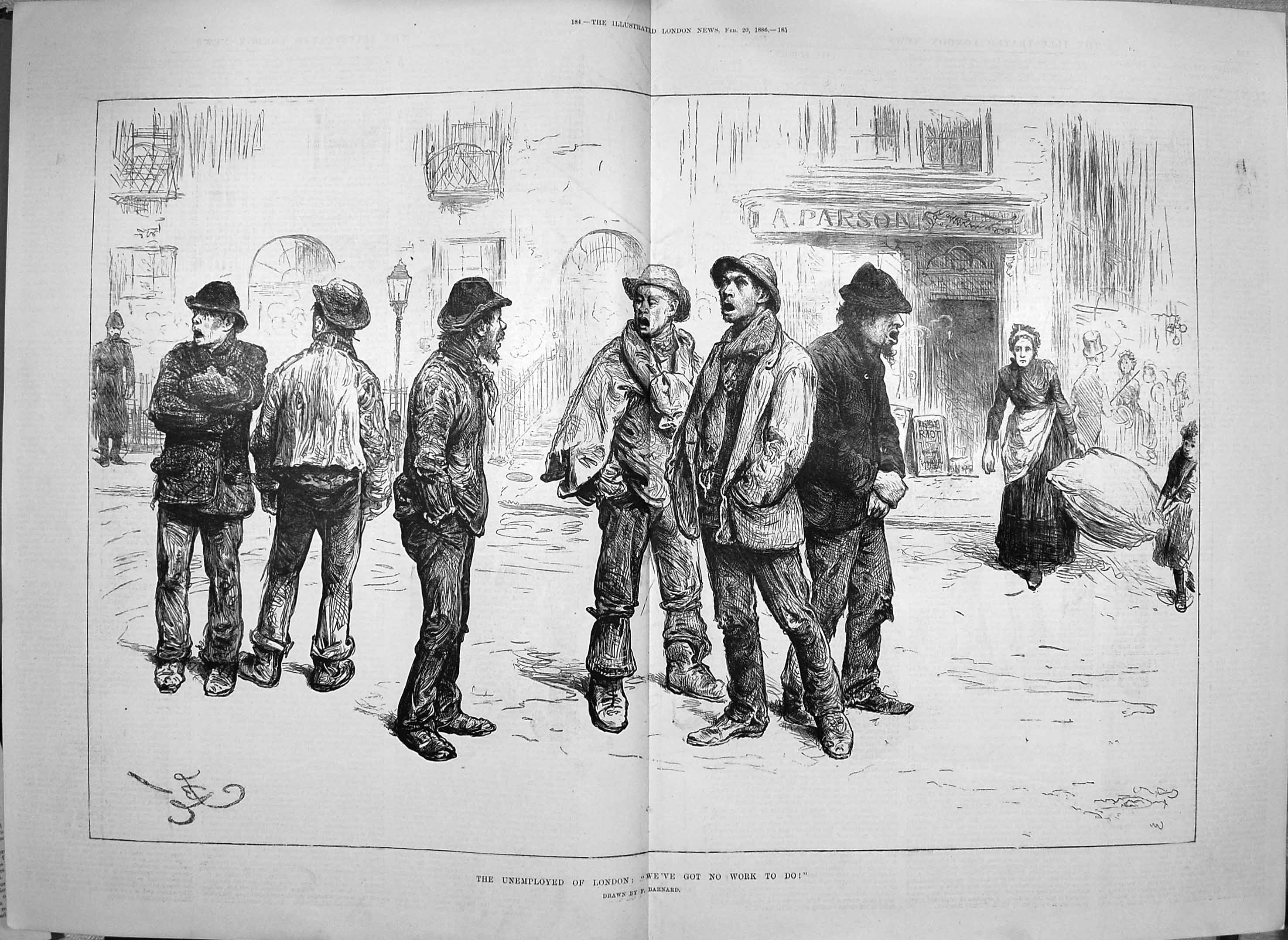 Original Old Antique Print 1886 Unemployed London Pooe People Street Scene