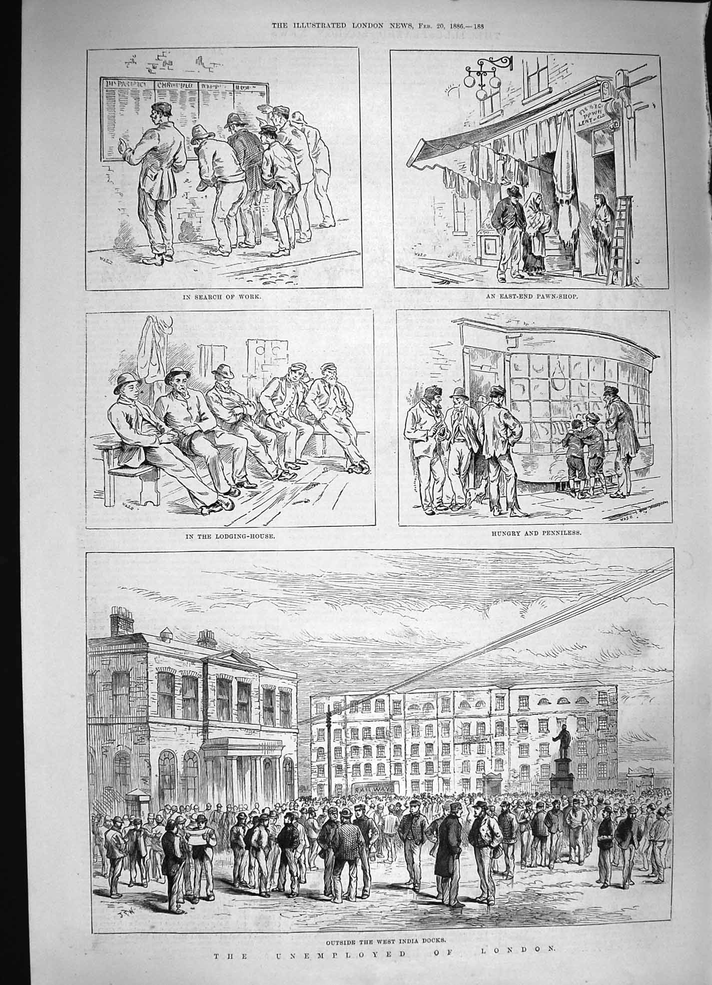 Old Antique Print 1886 Unemployed London West India Docks Pawn Labourers 19th