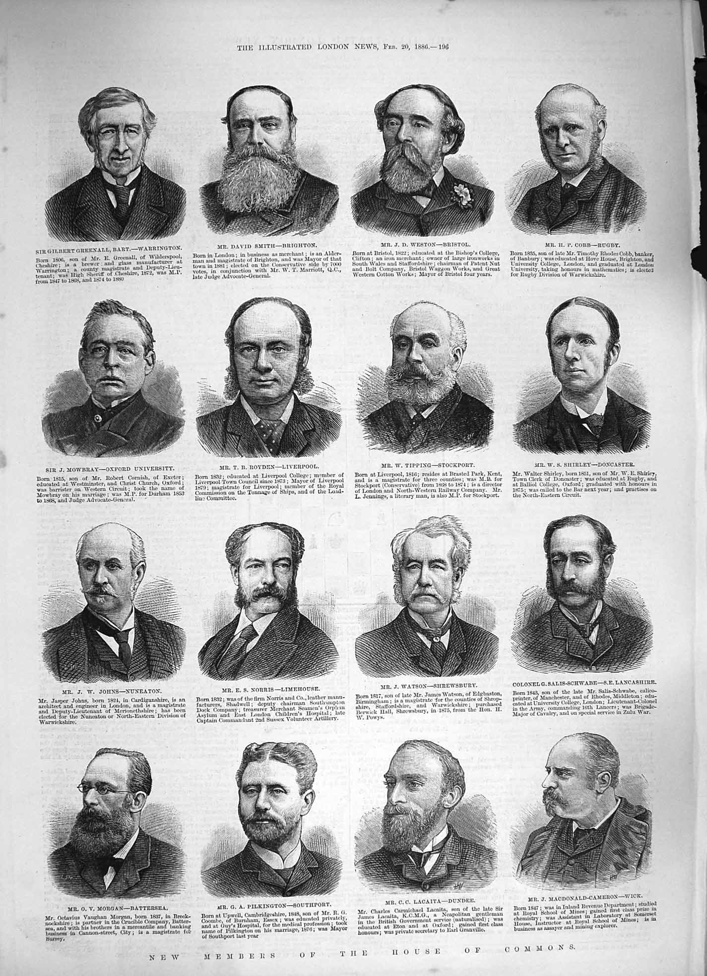 Old Antique Print 1886 House Commons Smith Royden Norris Pilkington Johns 19th