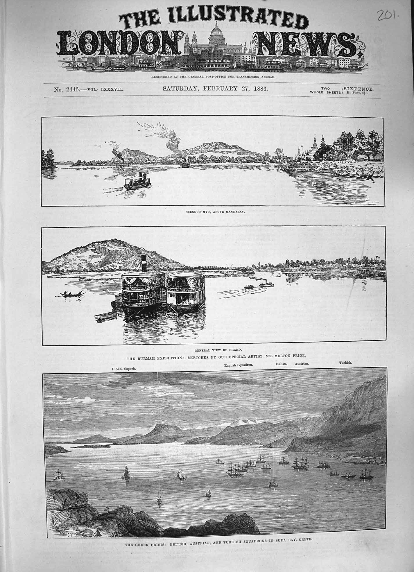 Old Antique Print 1886 Greek Suda Bay Crete Ships Burmah Bhamo Mandalay 19th