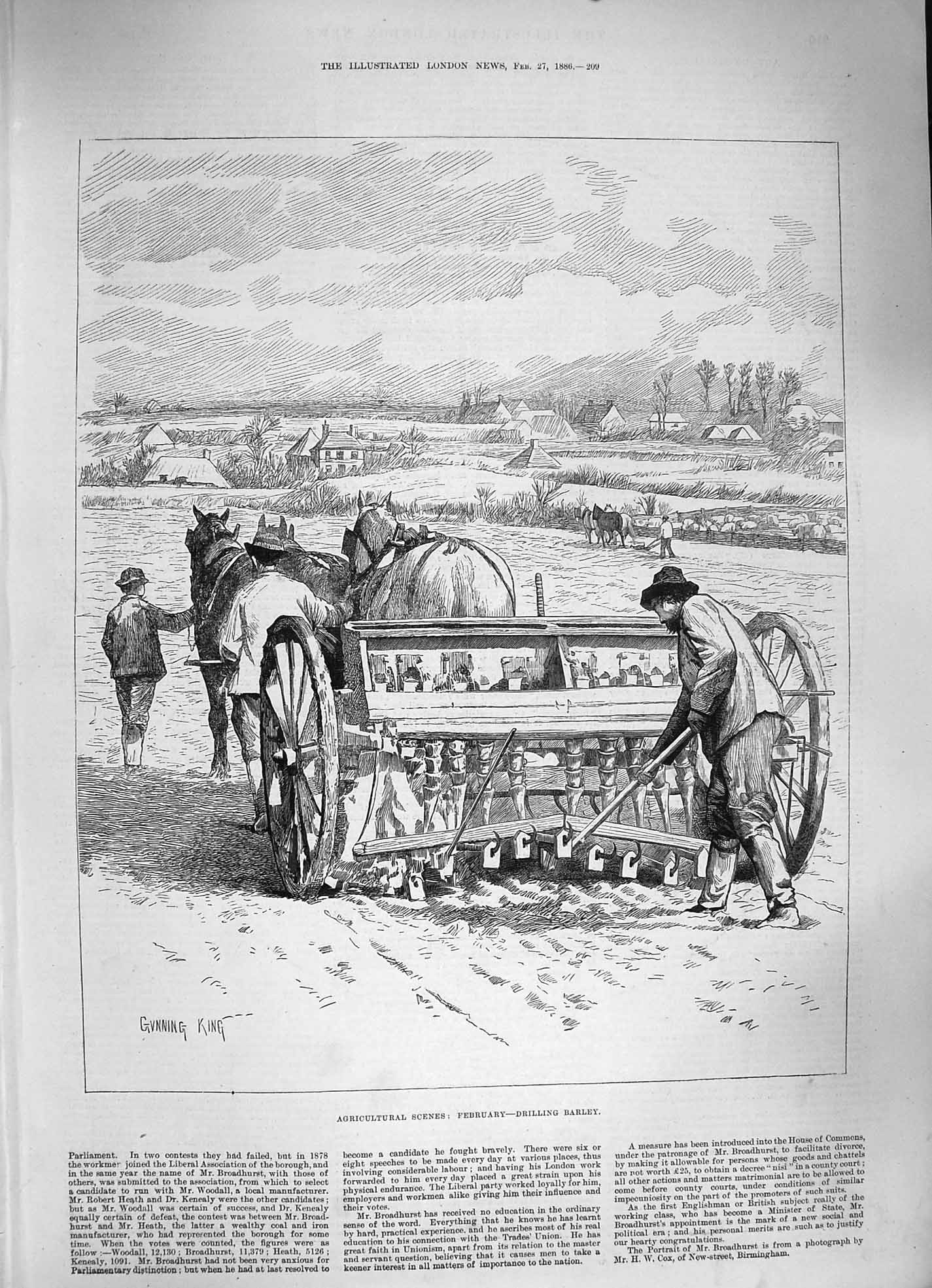 Old Antique Print 1886 Agriculture February Drilling Barley Horses Farm 19th