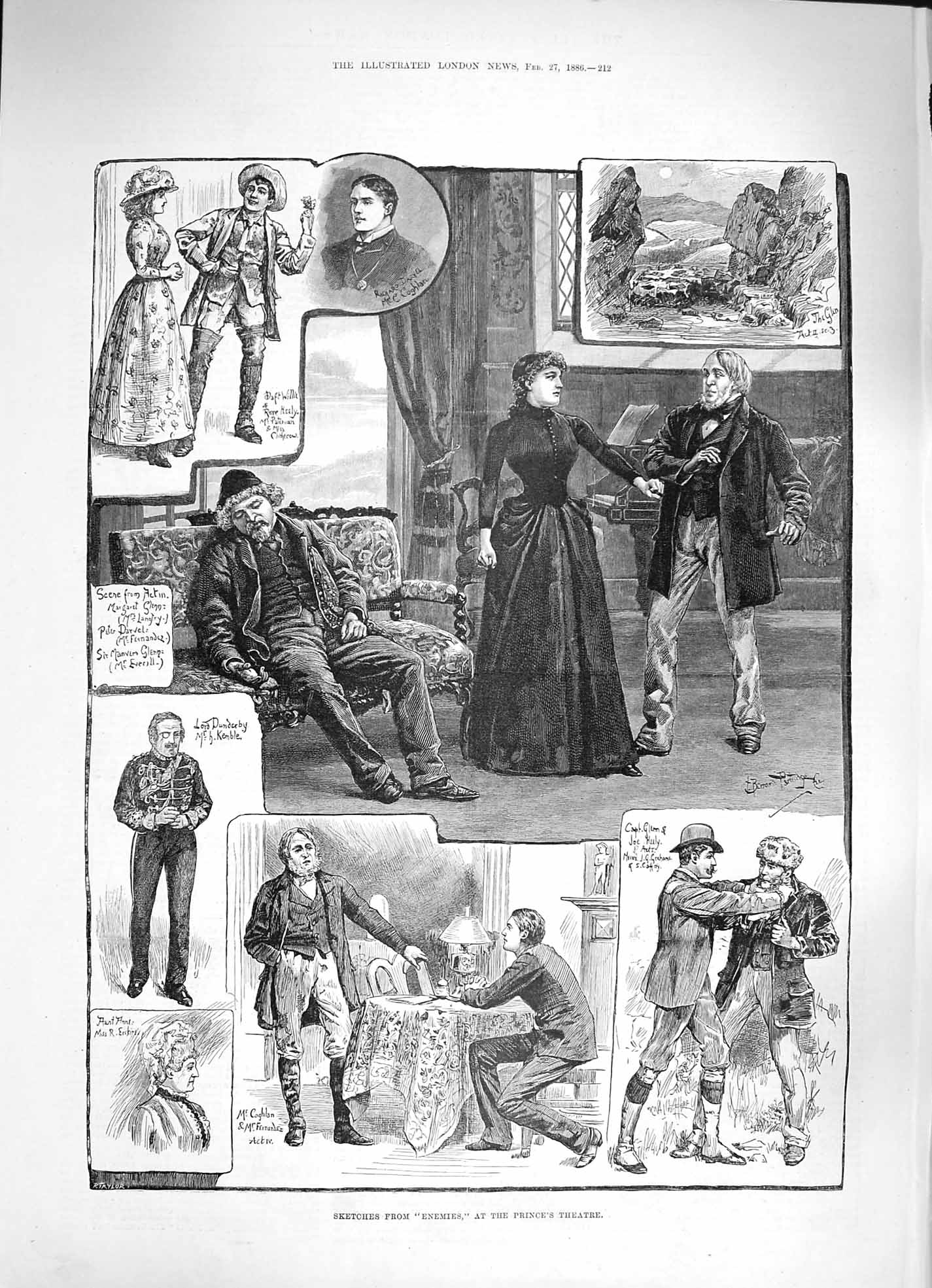 Original Old Antique Print 1886 Enemies Prince'S Theatre Coghlan Glenn Darvel