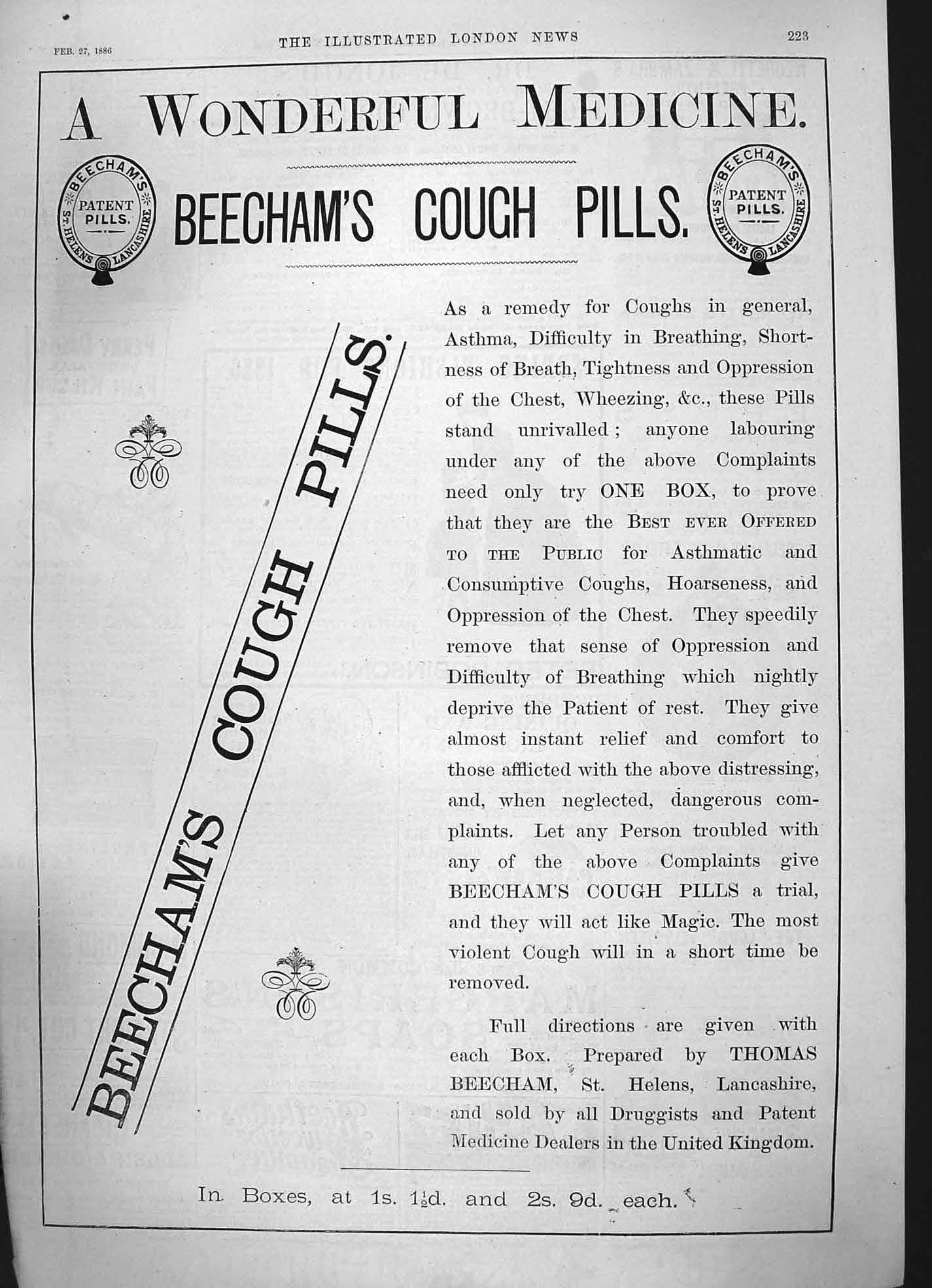 Original Old Antique Print 1886 Advertisement Beechams Cough Pills Medicine