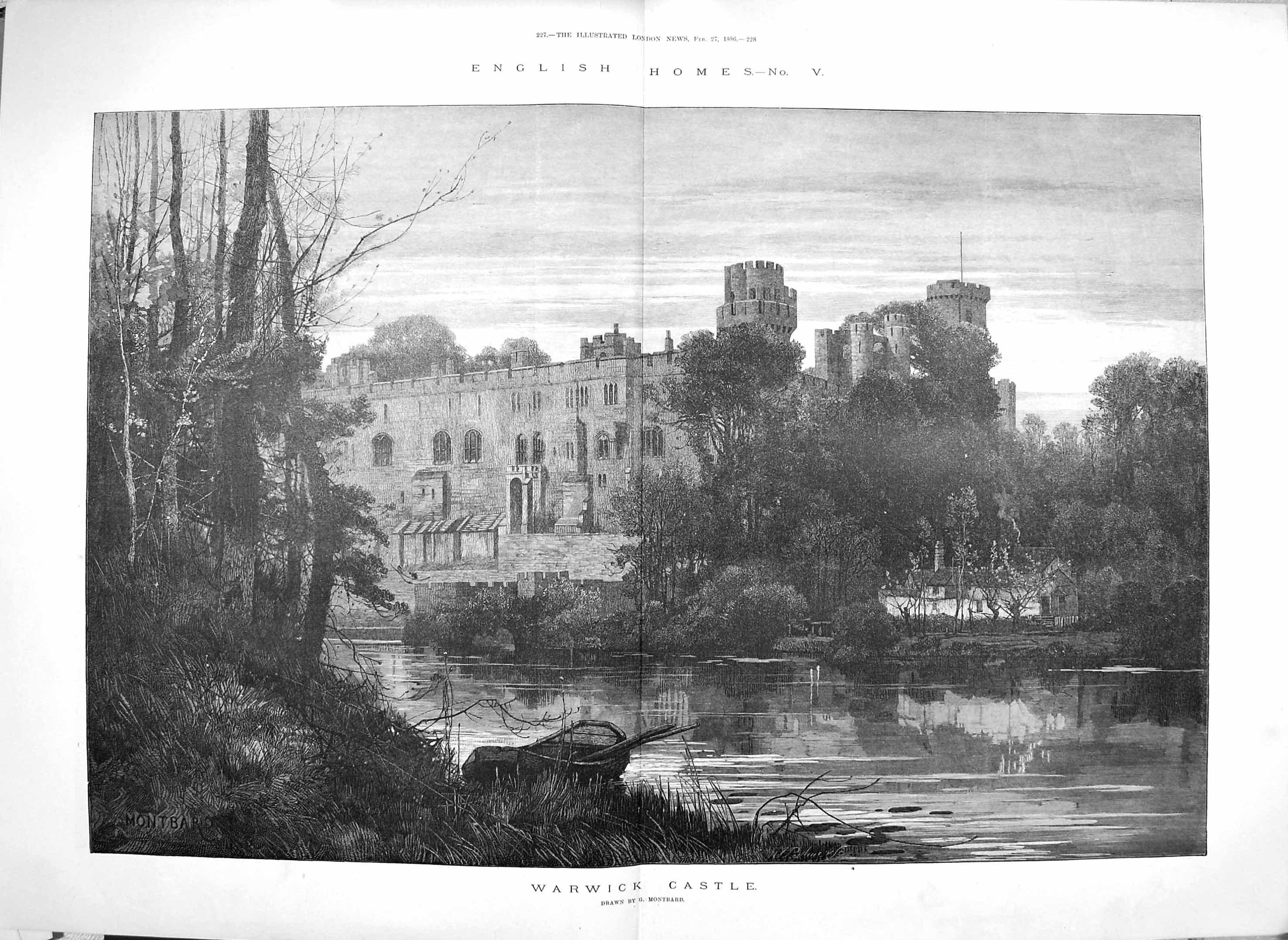 Old Antique Print 1886 Warwick Castle Bear Tower Gate-House Danish Mount 19th