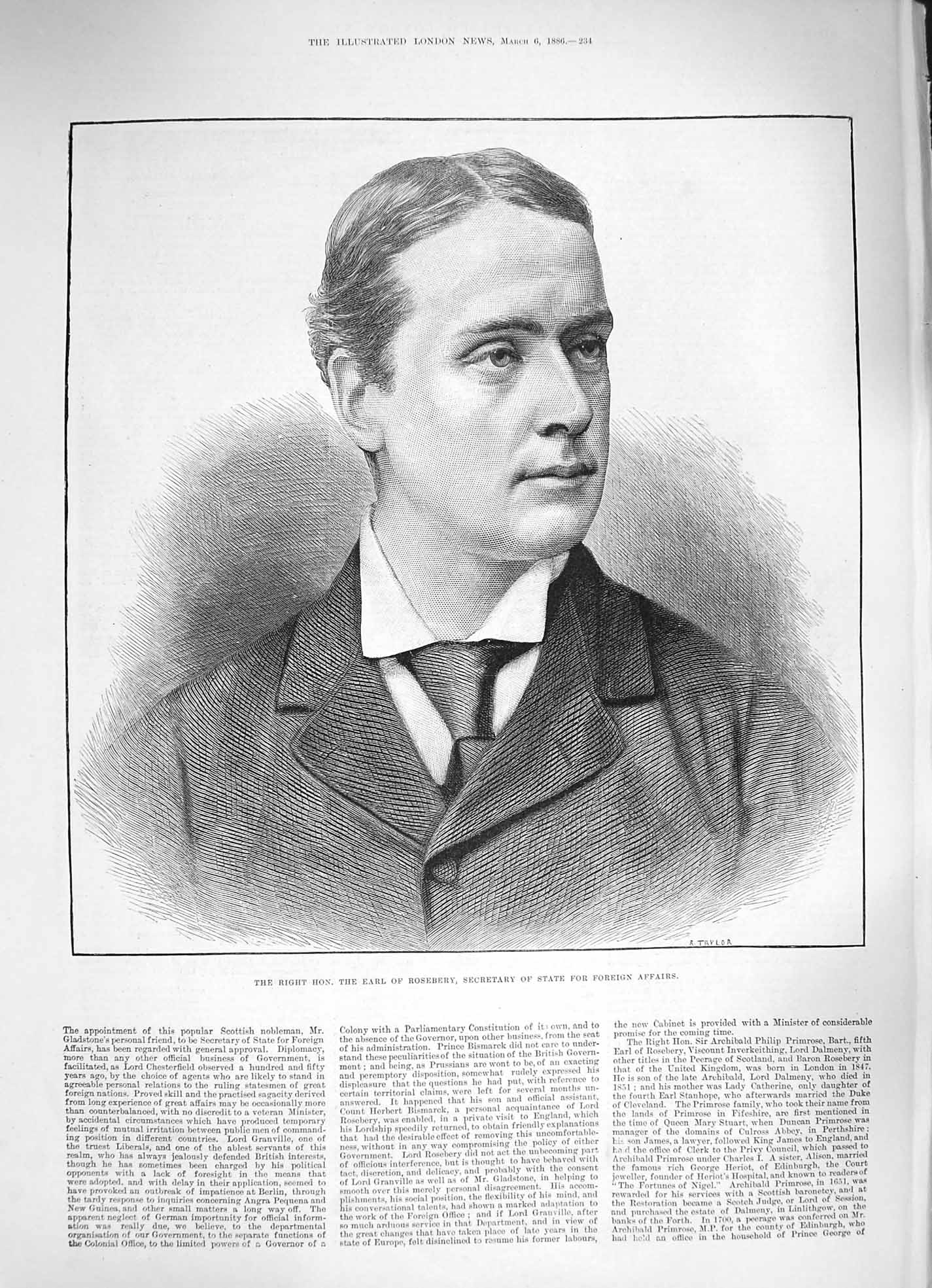 Original Old Antique Print 1886 Earl Rosebery Secretary State Foreign Affairs