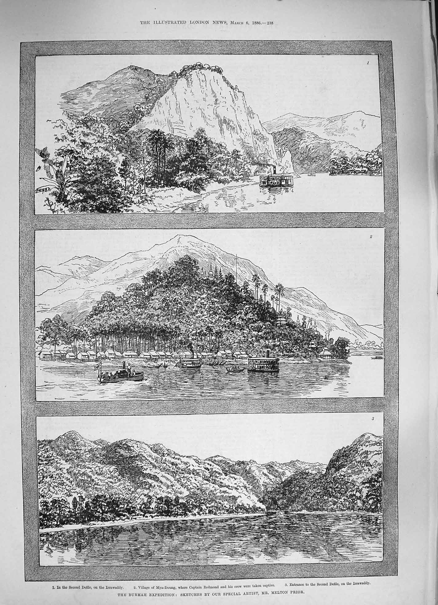 Old Antique Print 1886 Burmah Irrawaddy Mya-Doung Redmond Second Defile 19th