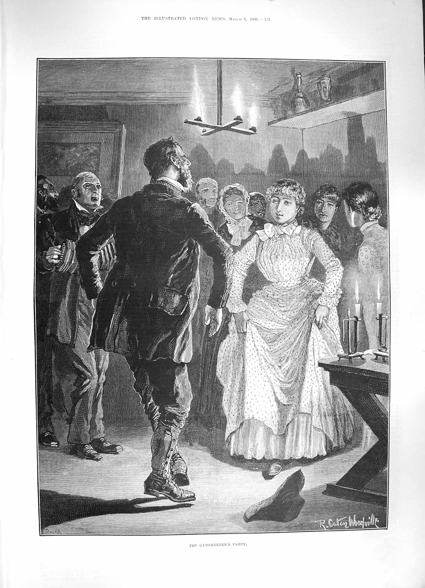 Original Old Antique Print 1886 Gamekeepers Party Man Lady Dancing Fine Art