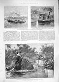 Old Antique Print 1886 Elephant Towing Boat Sittang Burmah Mandalay Pegu 19th