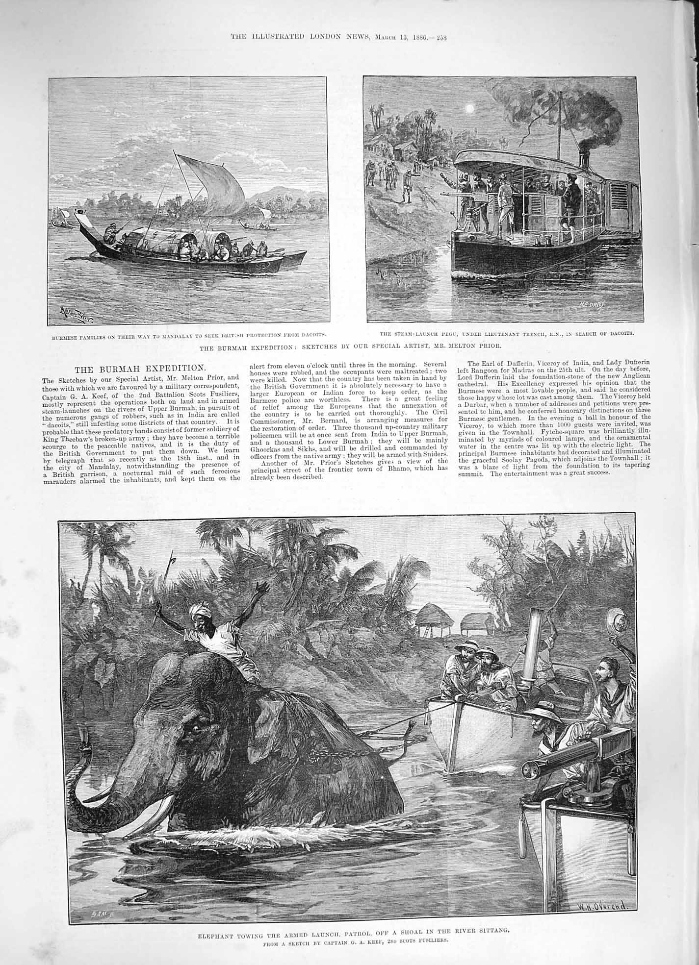 Old Antique Print 1886 Elephant Towing Boat Sittang Burmah Mandalay Pegu 19th