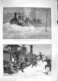 Original Old Antique Print 1886 Snowstorm Northumberland Train Acklington 19th