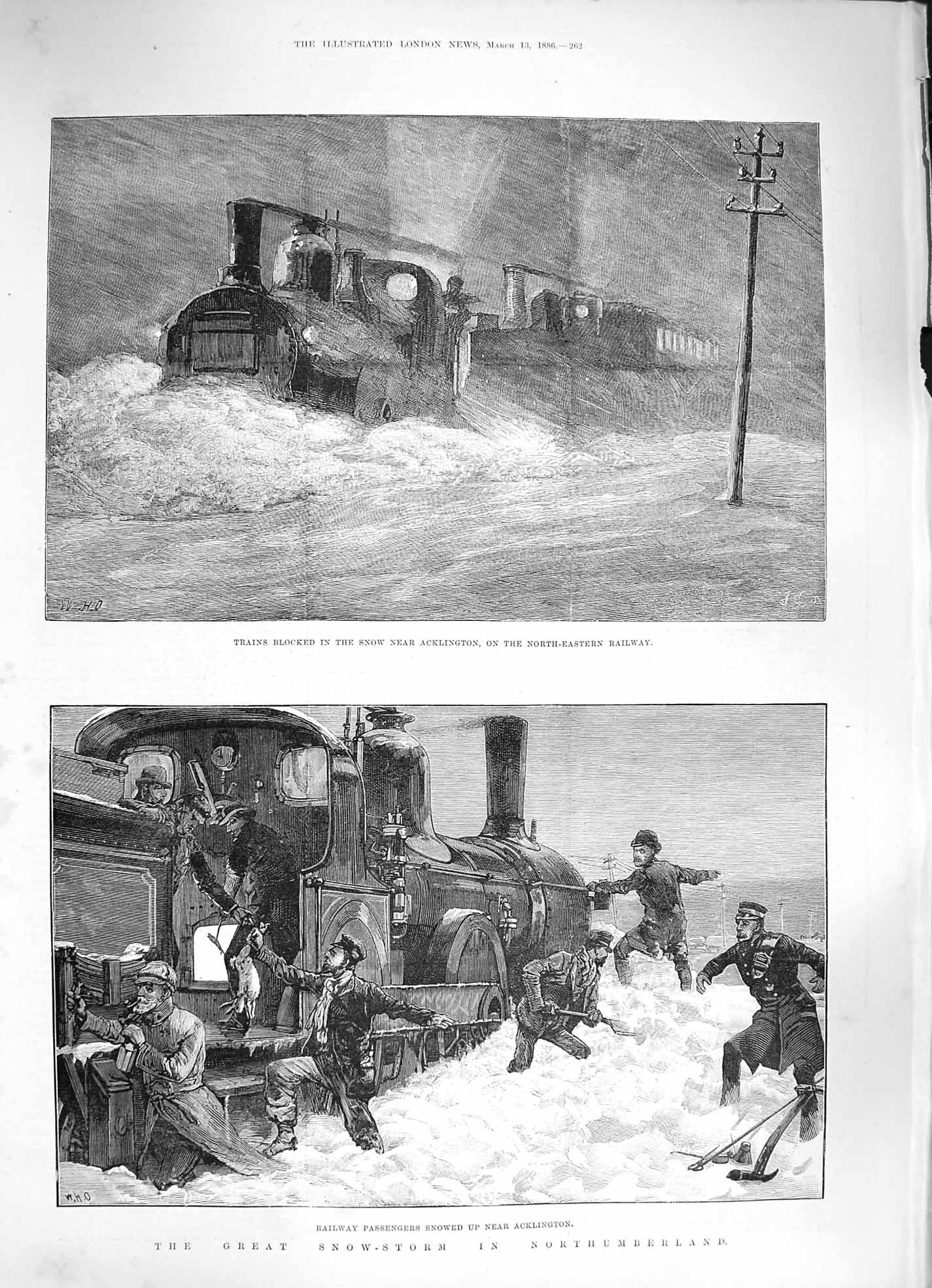 Original Old Antique Print 1886 Snowstorm Northumberland Train Acklington 19th