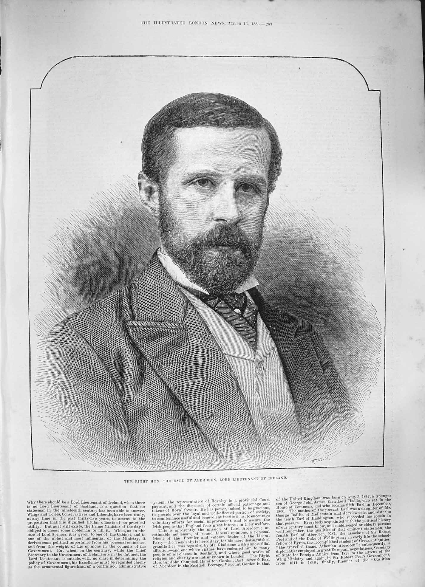 Original Old Antique Print 1886 Portrait Earl Aberdeen Lord Lieutenant Ireland