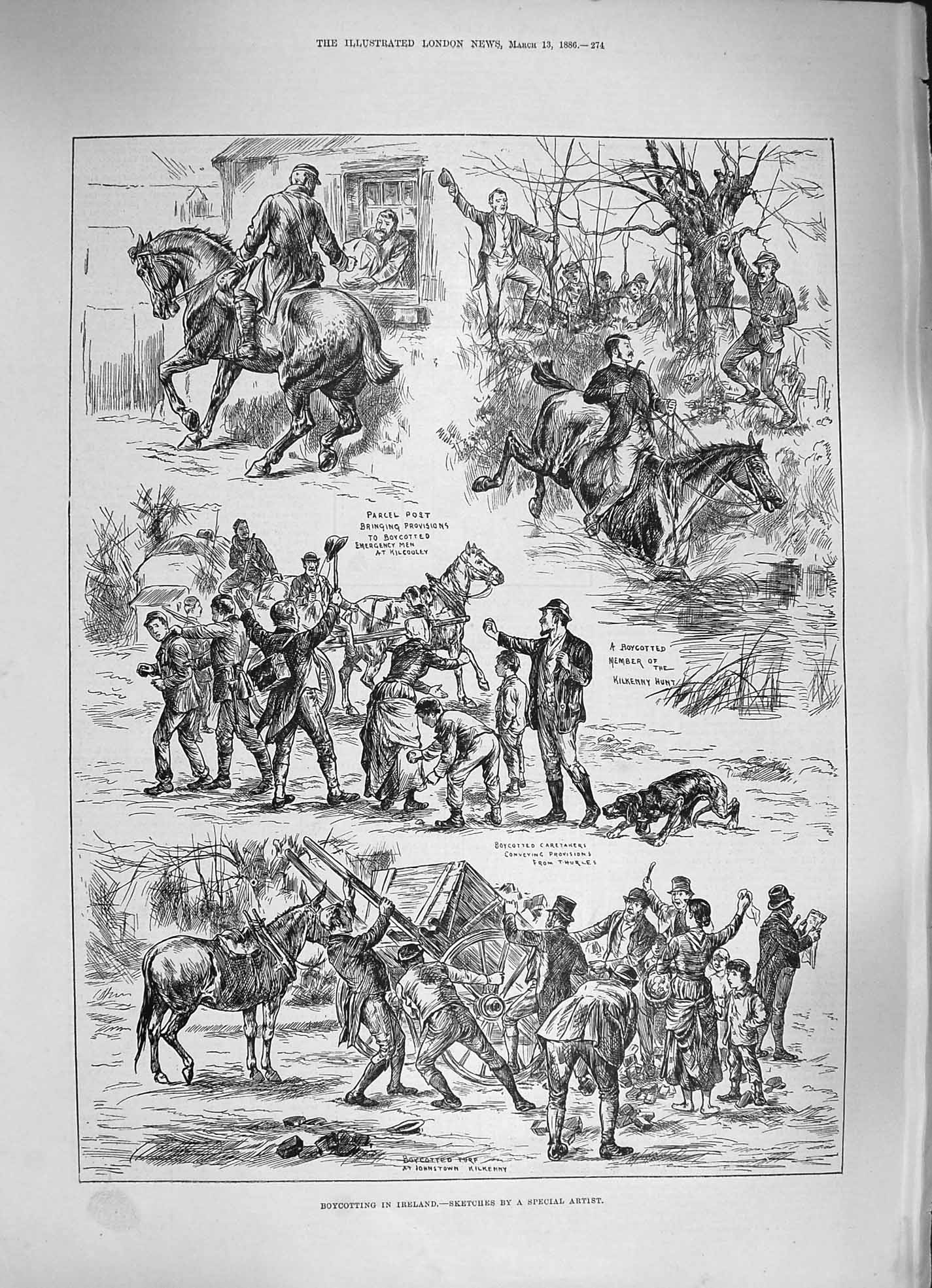 Original Old Antique Print 1886 Boycotting Ireland Johnstown Kilkenny Kilcooley