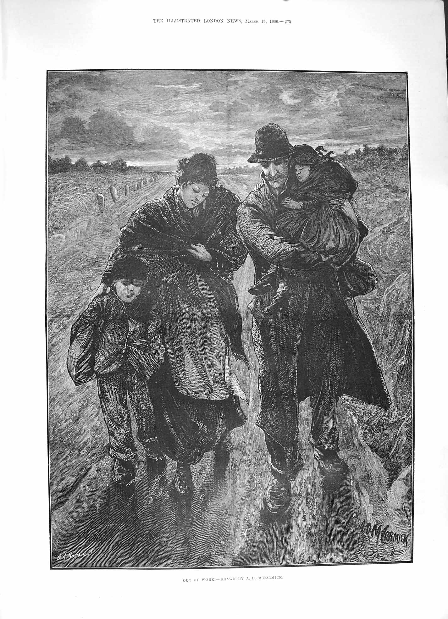 Original Old Antique Print 1886 Out Work Poor Family Man Woman Children Art