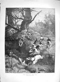Original Old Antique Print 1886 End The Tail Fox Hunting Hounds Dogs Caught