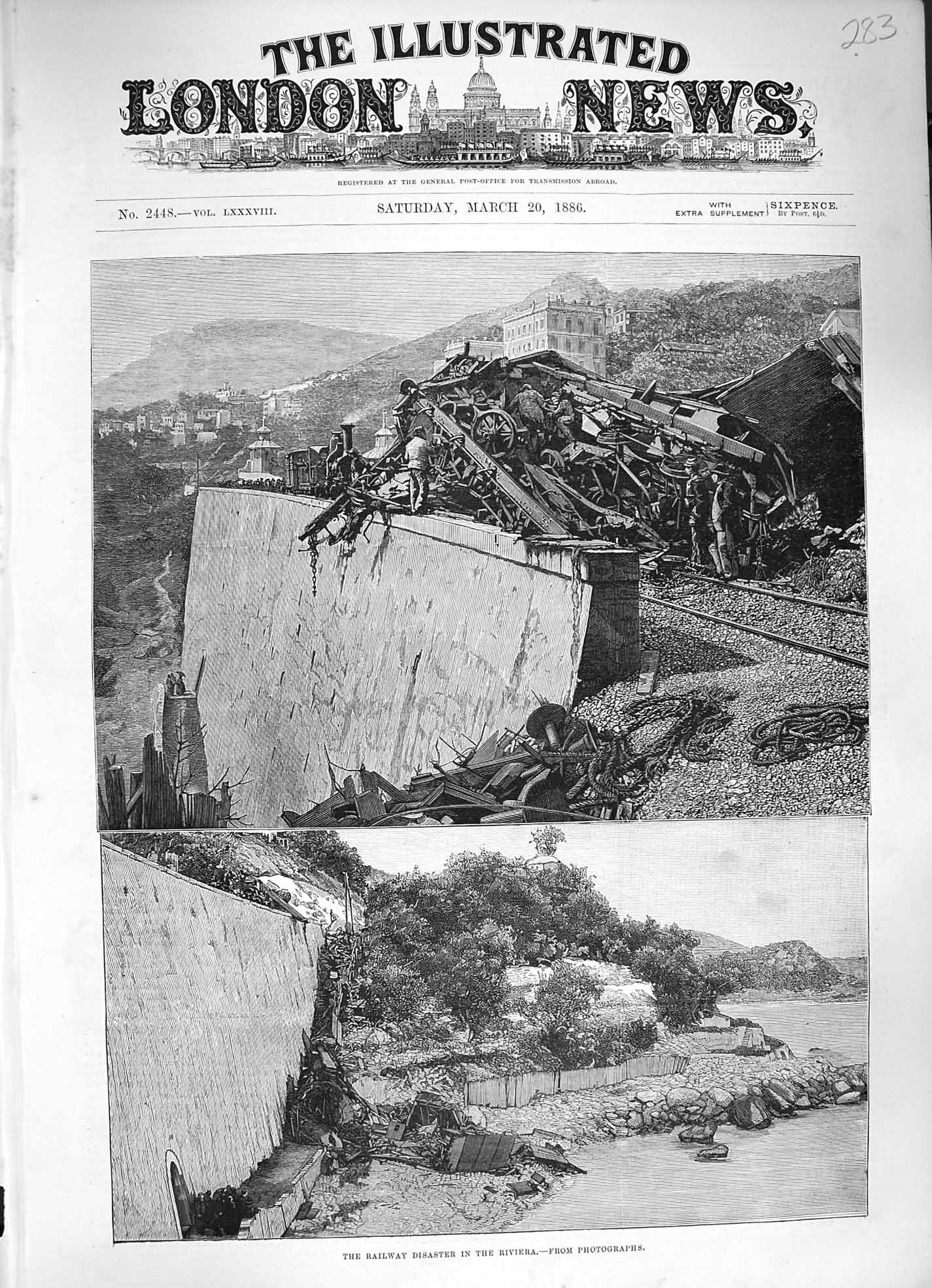 Original Old Antique Print 1886 Railway Train Disaster Riviera Monte Carlo 19th