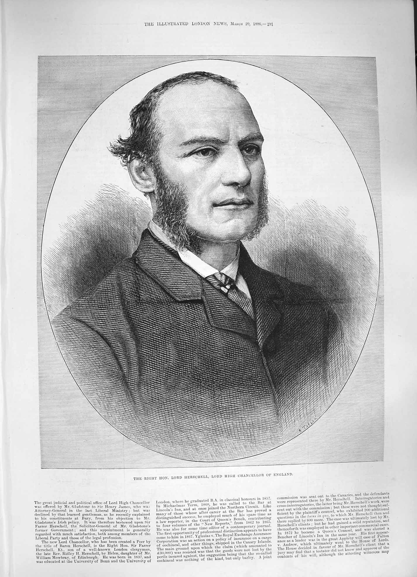 Original Old Antique Print 1886 Lord Herschell Lord High Chancellor Victorian