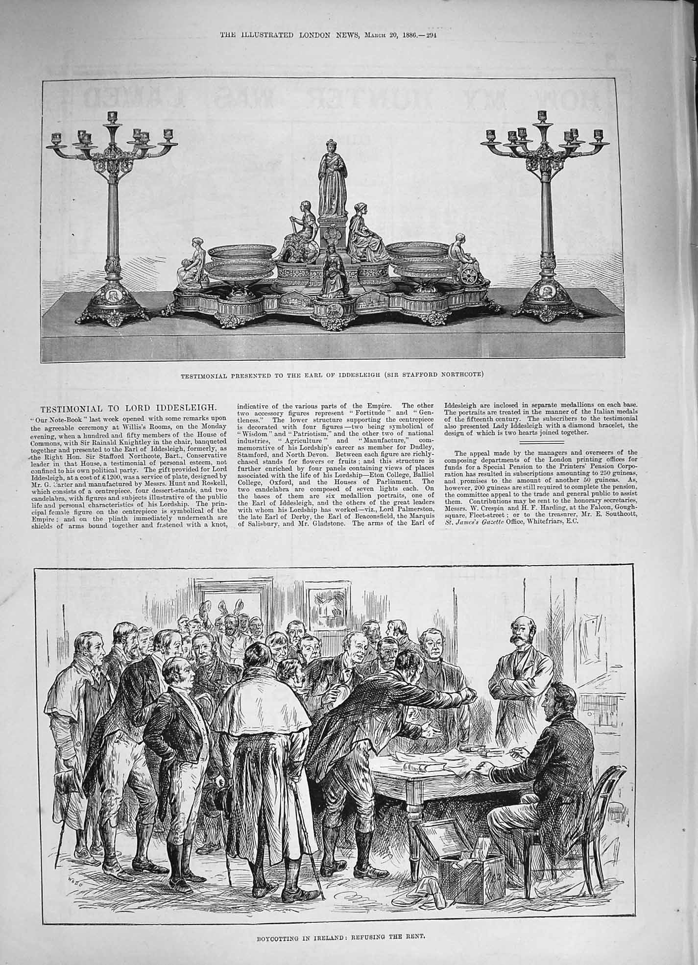 Original Old Antique Print 1886 Testimonial Earl Iddesleigh Boycotting Ireland