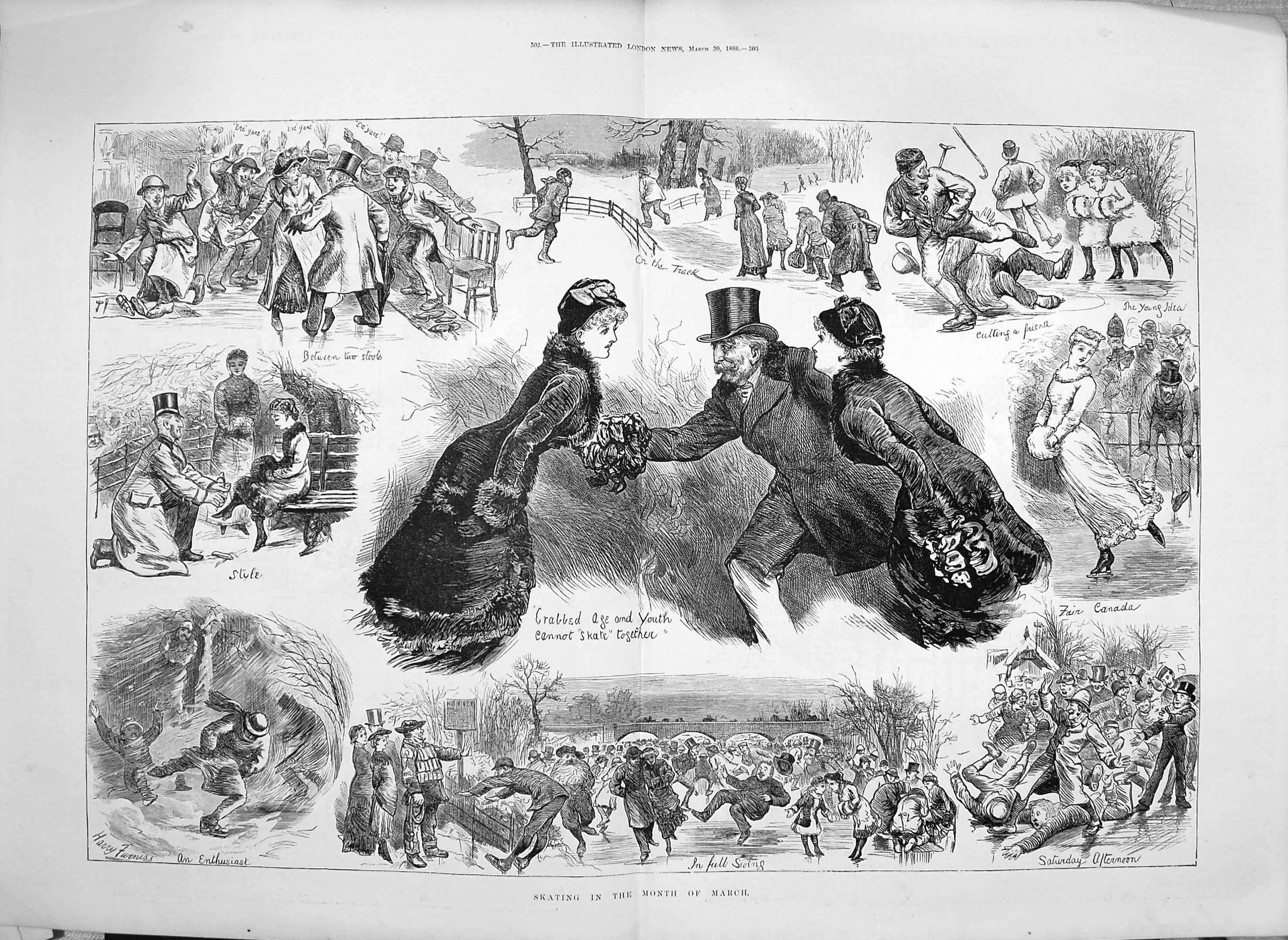 Original Old Antique Print 1886 Ice Skating March Winter Sport Amusements 19th