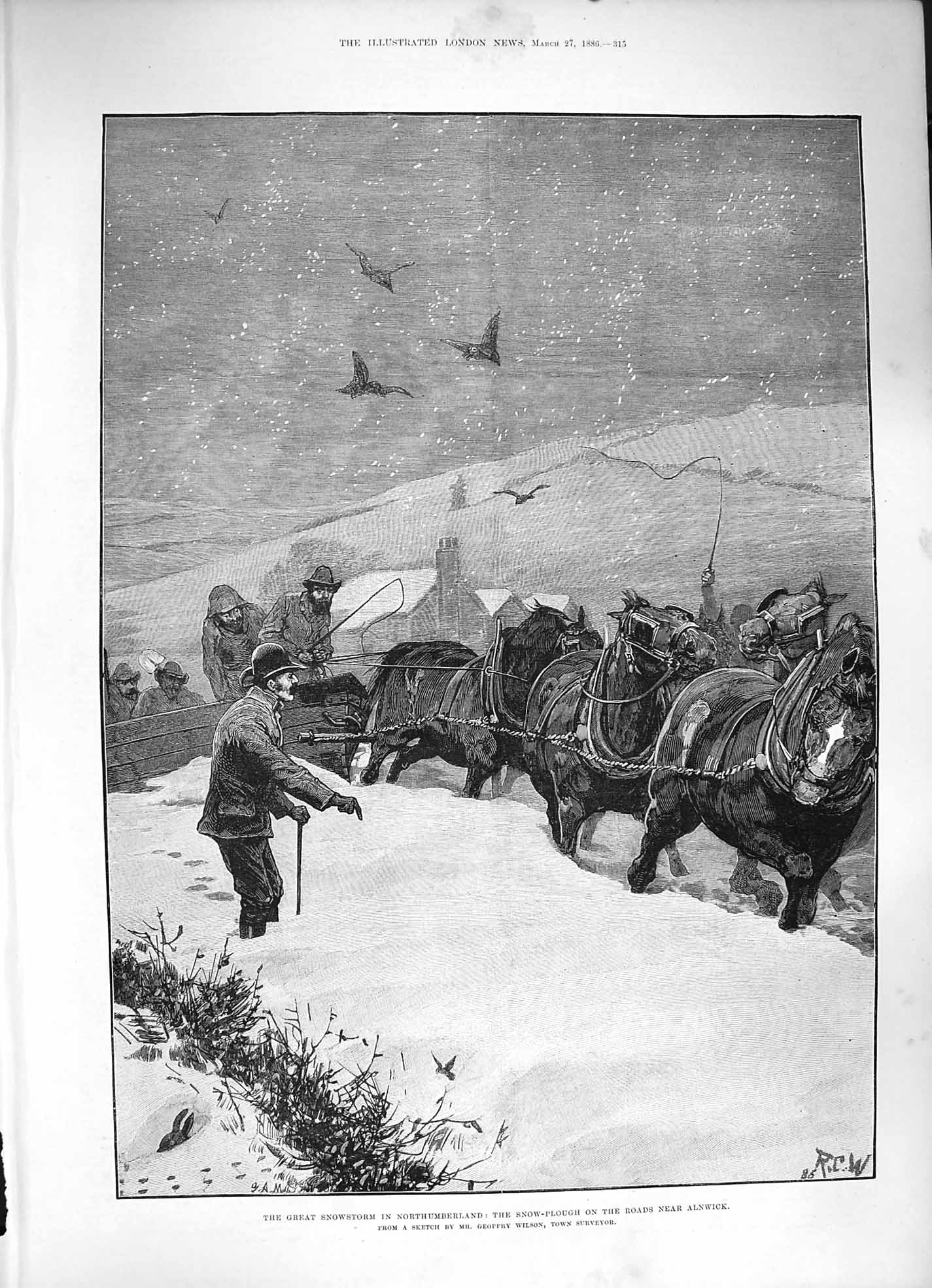 Original Old Antique Print 1886 Snowstorm Northumberland Snow-Plough Alnwick