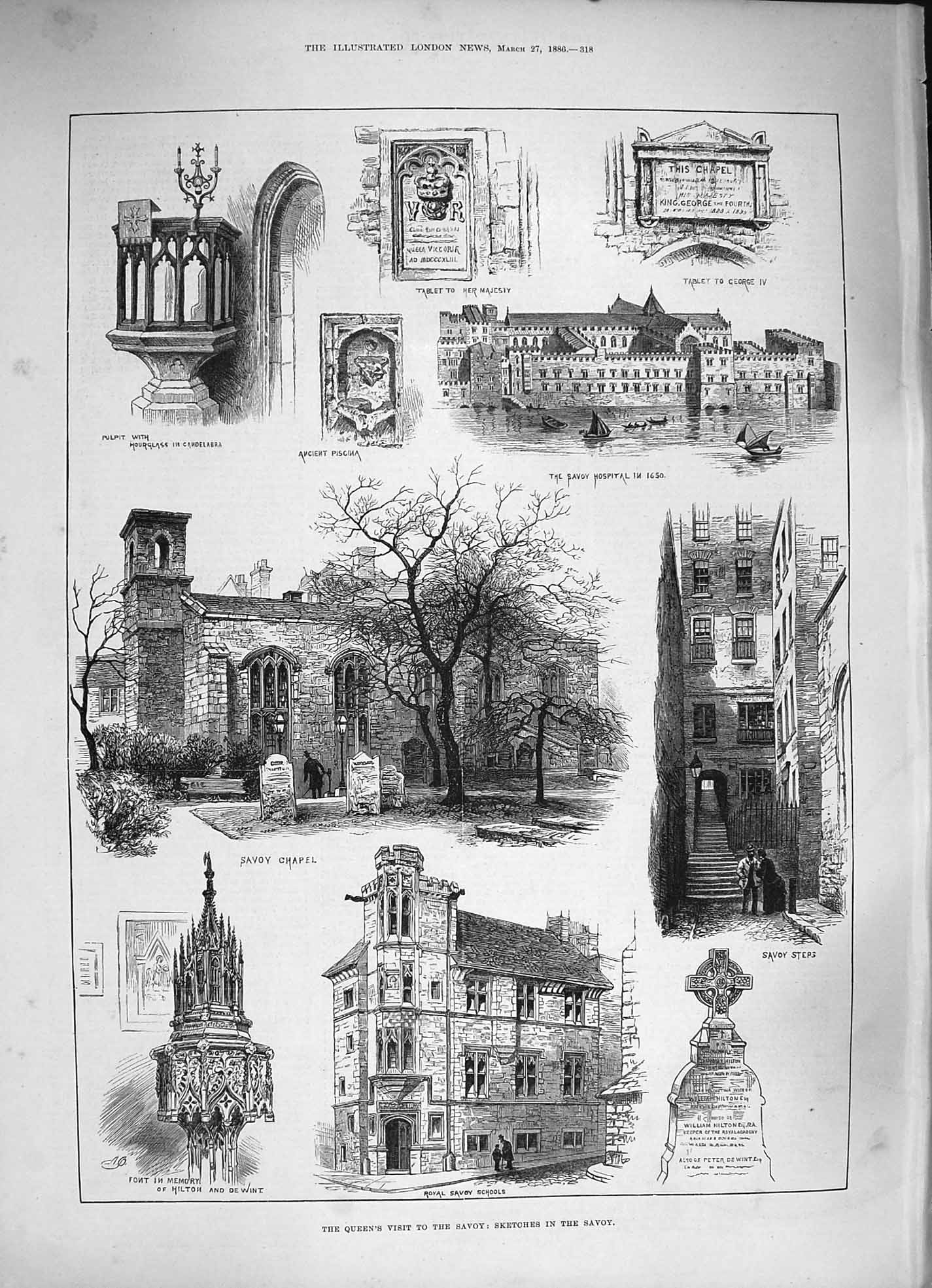 Original Old Antique Print 1886 Queen Savoy Chapel School Hospital Candelabra