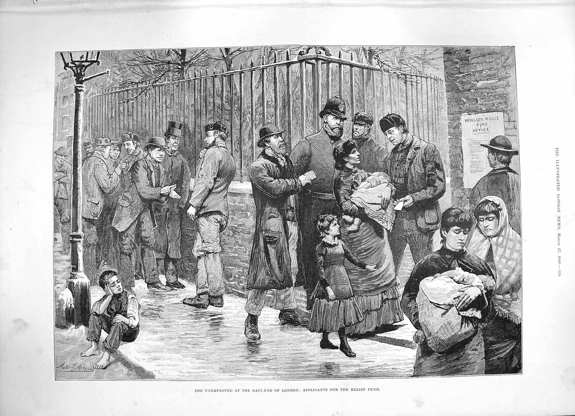 Original Old Antique Print 1886 Unemployed East-End London Applicants Reli 19th