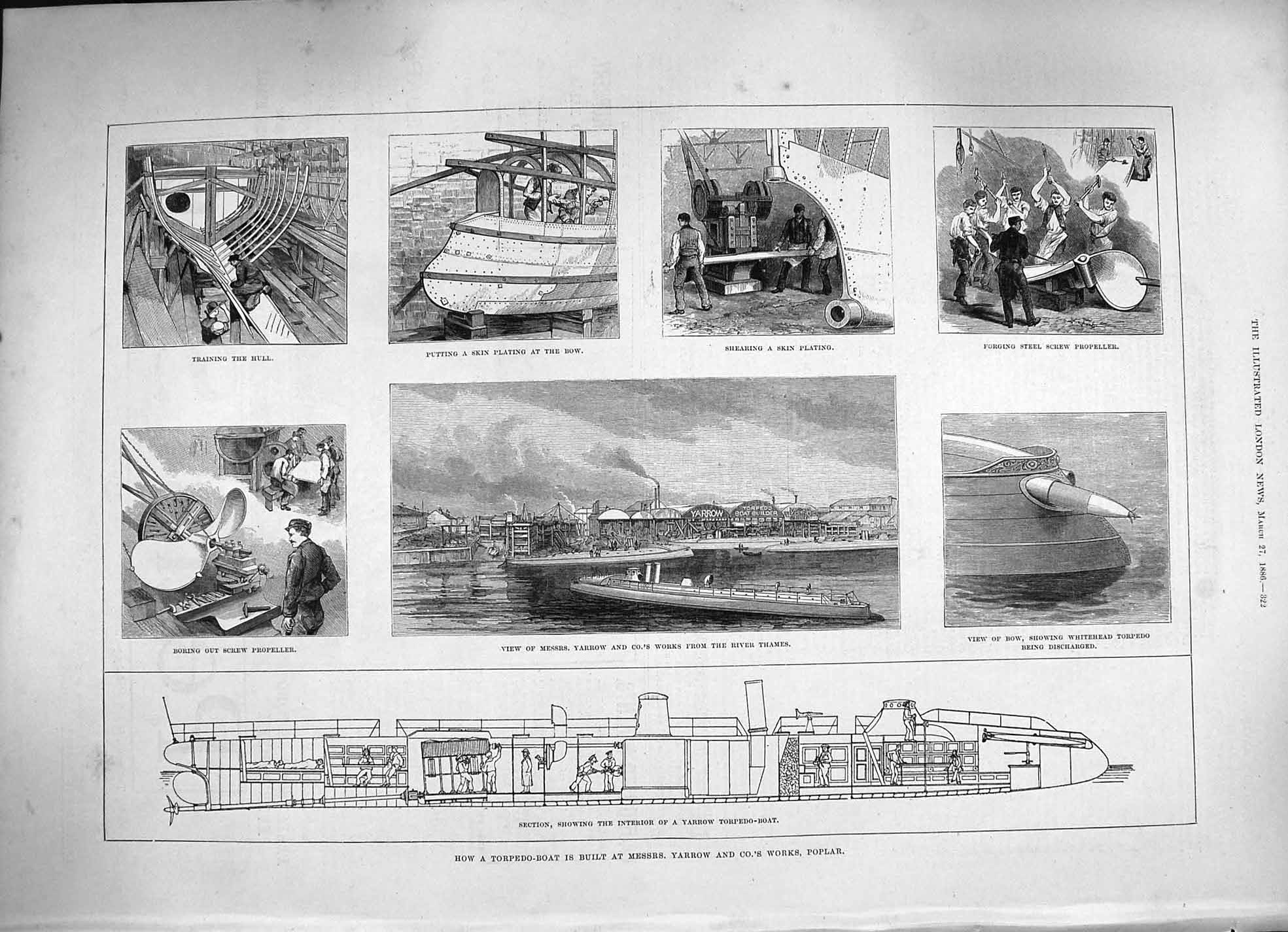 Original Old Antique Print 1886 Torpedo Boat Yarrow River Thames Works Poplar