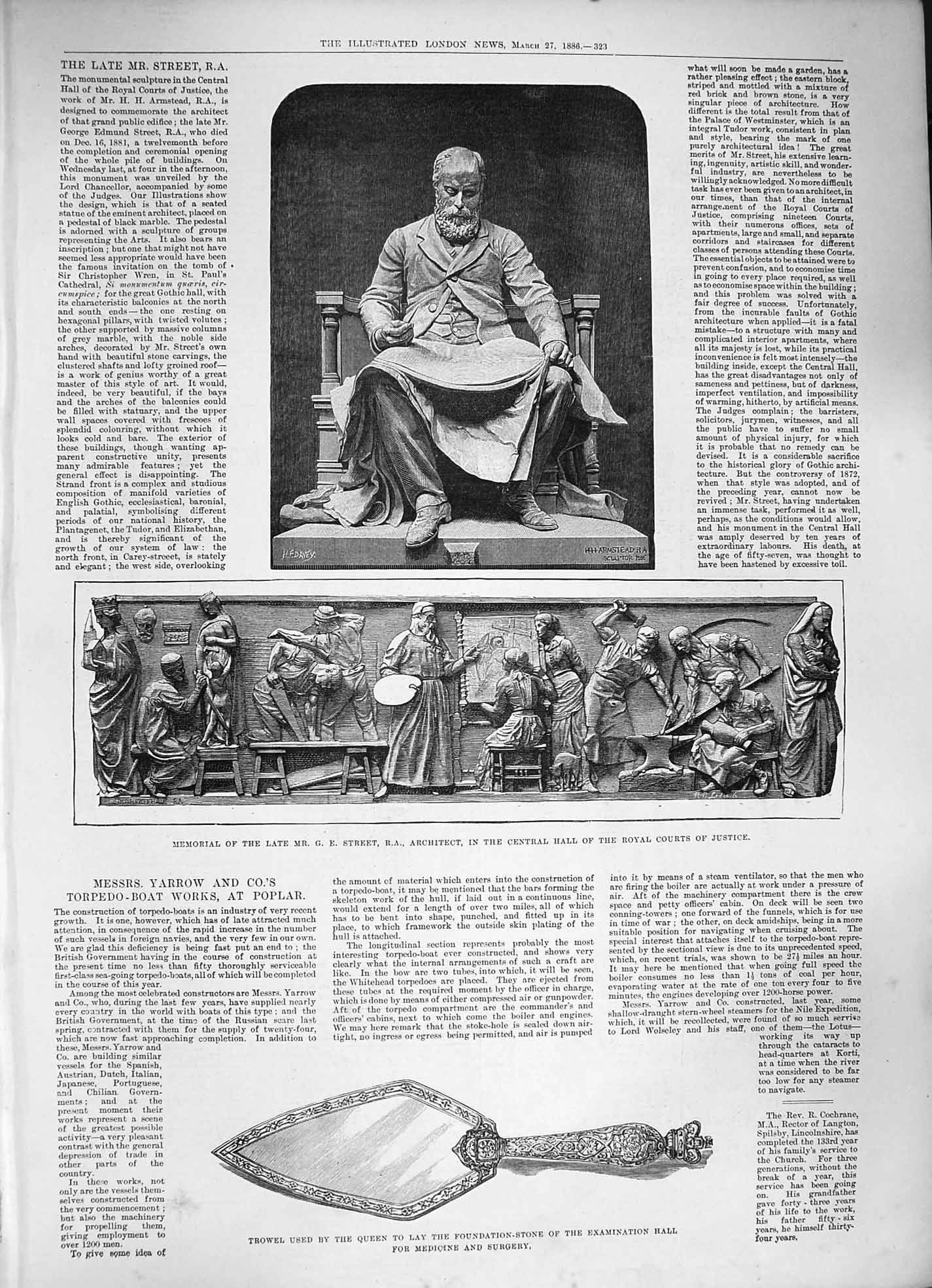 Original Old Antique Print 1886 Memorial Street Architect Trowel Queen Medicine