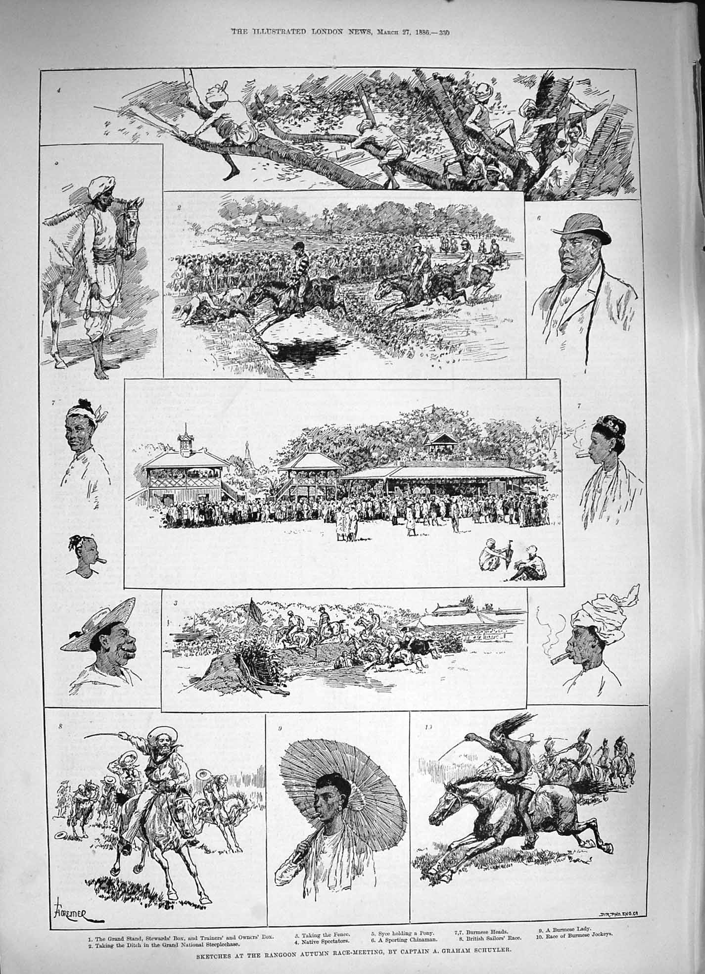 Original Old Antique Print 1886 Rangoon Autumn Horse Race Meeting Burmese Lady