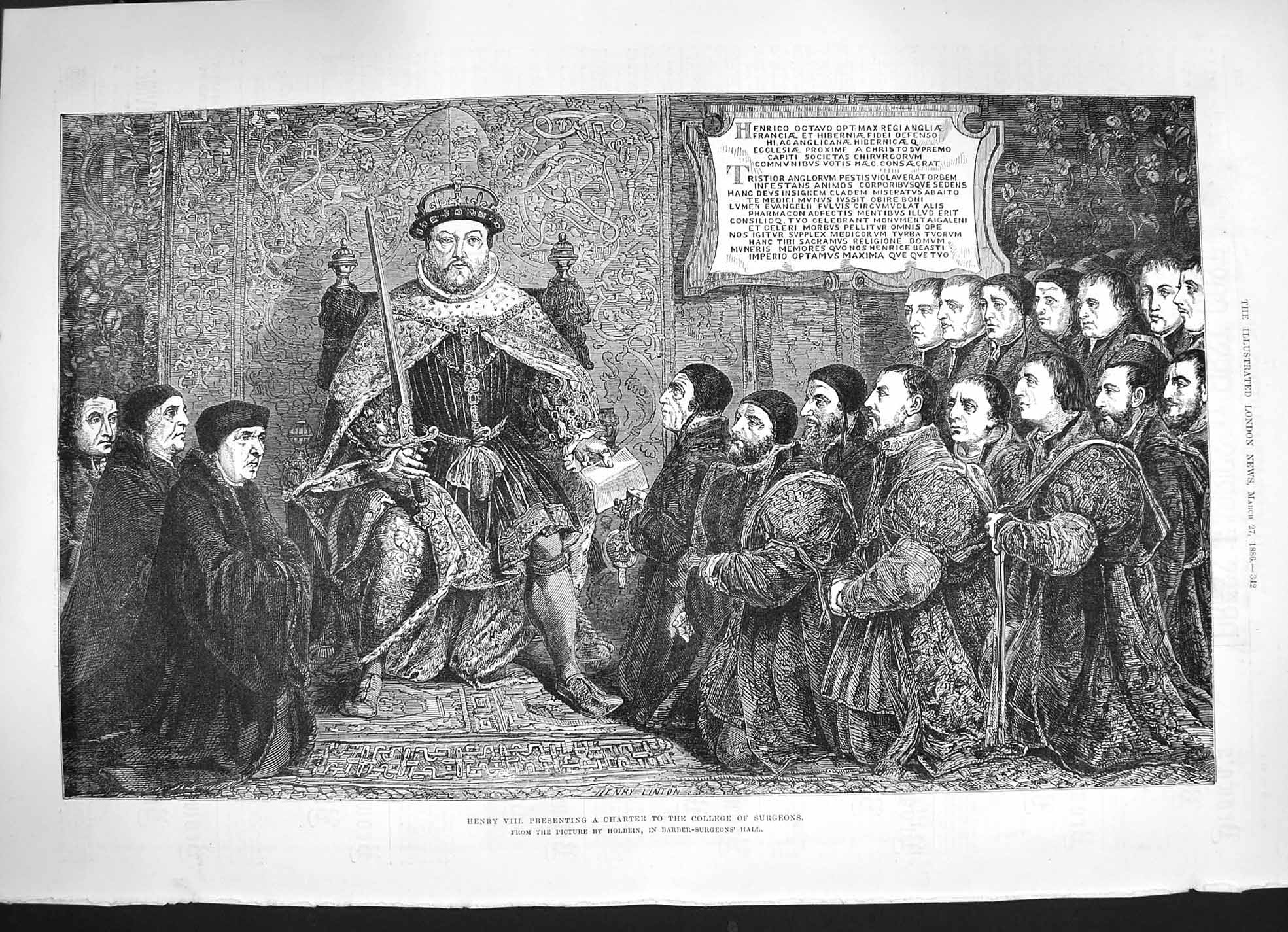Old Antique Print 1886 King Henry Viii Charter College Surgeons Holbein 19th