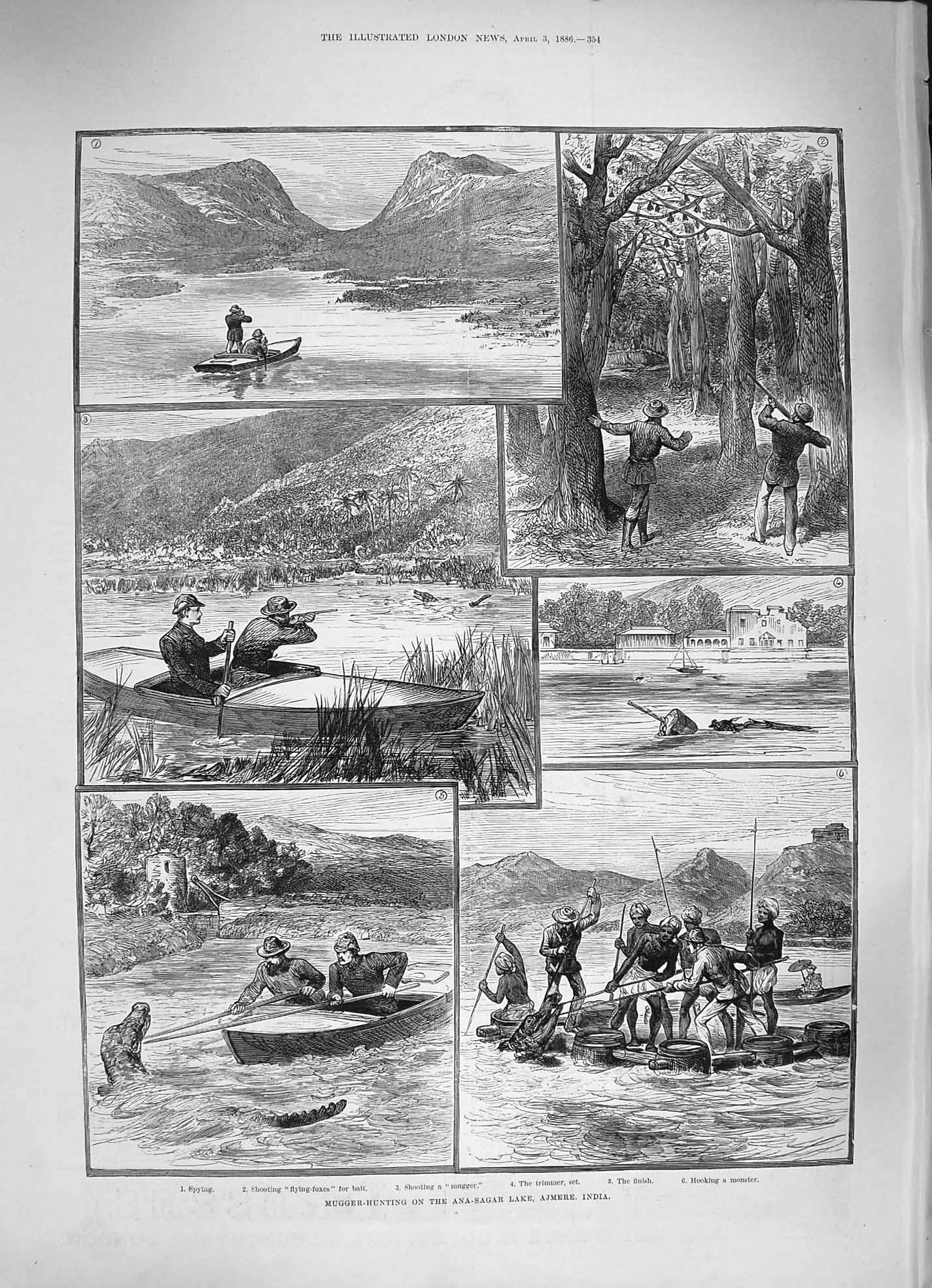 Old Antique Print 1886 Mugger Hunting Ana-Sagar Lake Ajmere India Shoot 19th
