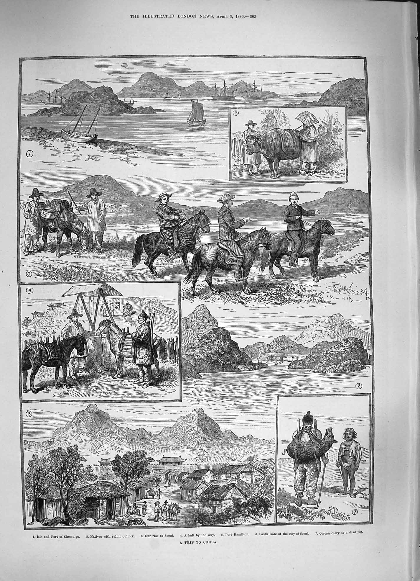 Original Old Antique Print 1886 Corea Isle Chemuipo Gate City Seoul Port H 19th