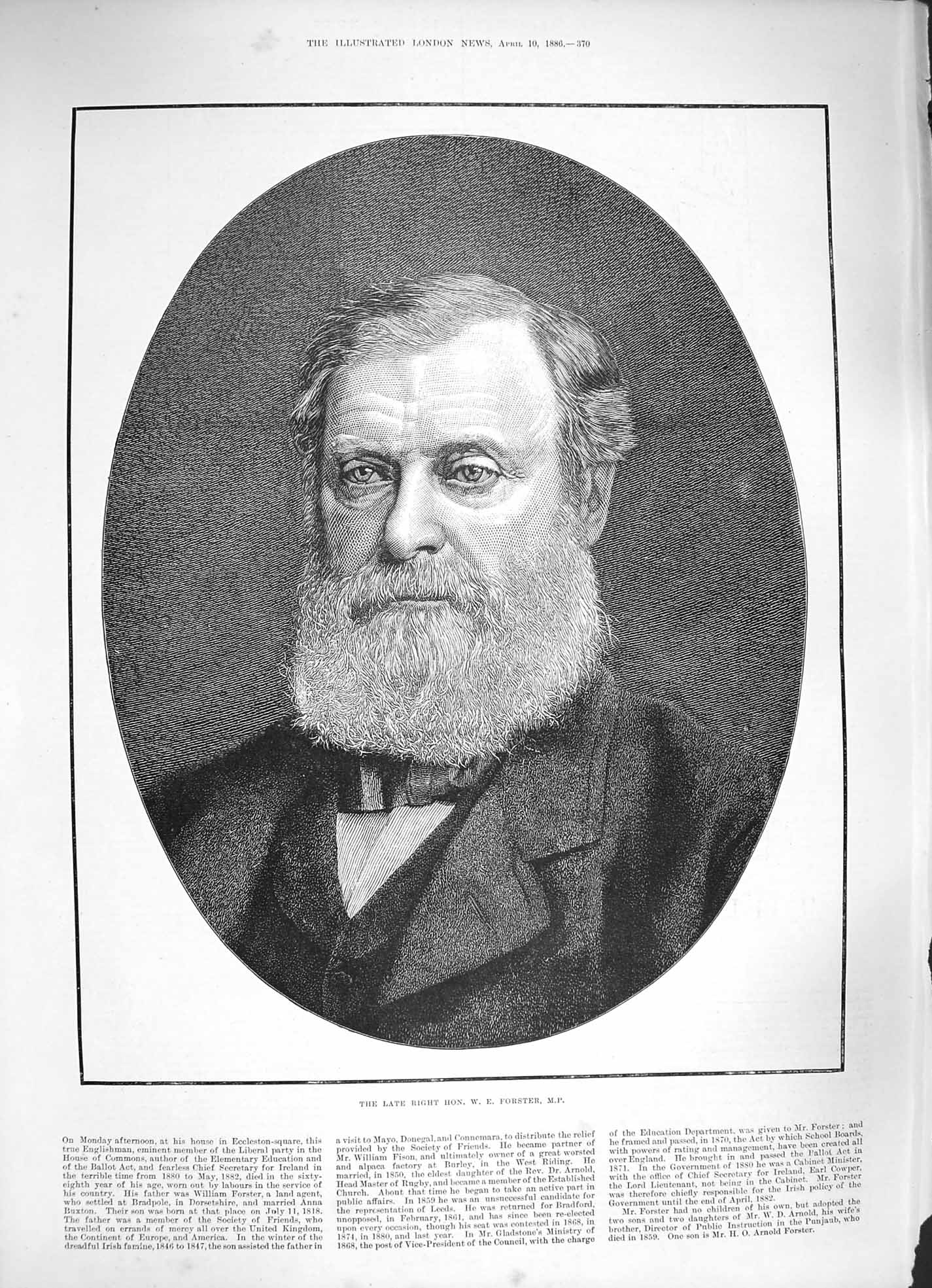 Original Old Antique Print 1886 Portrait Forster Member Parliament Victorian