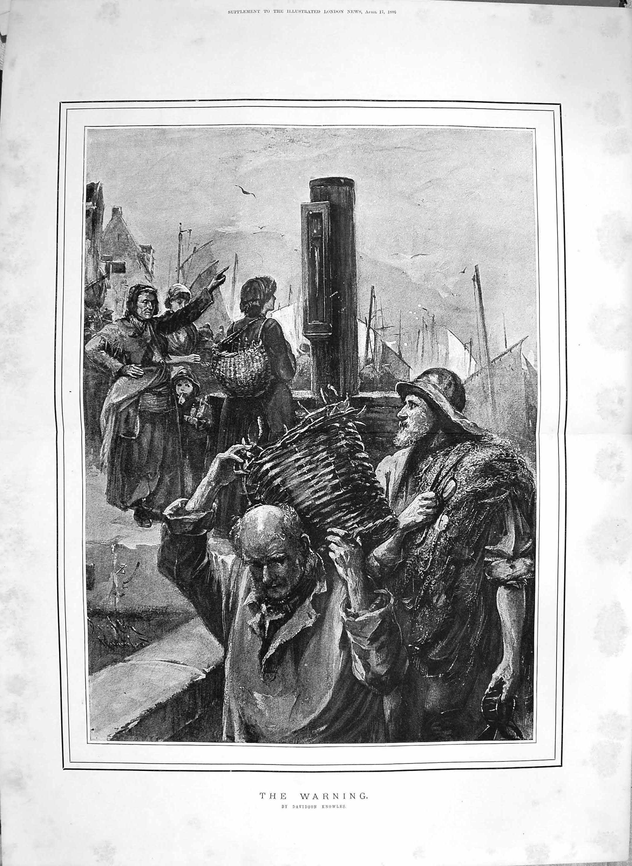 Original Old Antique Print 1886 Knowles Warning Fishing Boats Pier Fishermen