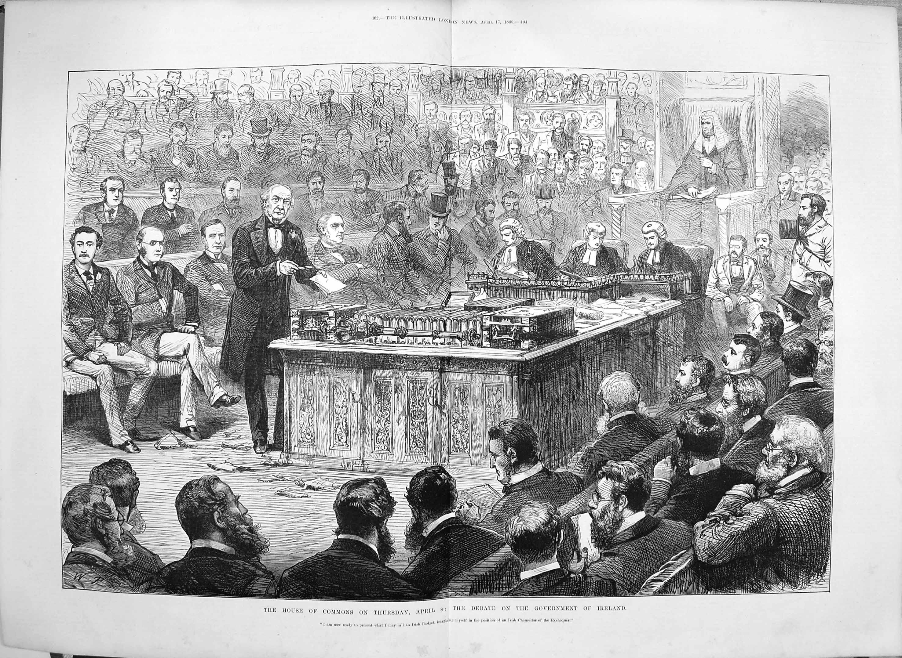 Original Old Antique Print 1886 House Commons Debate Government Ireland Budget