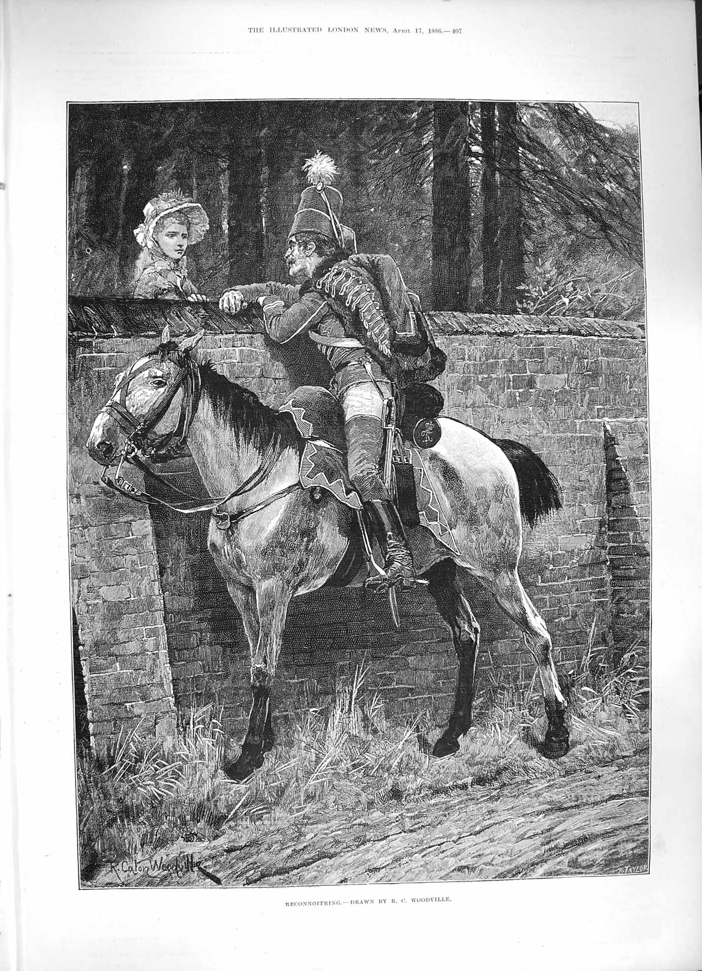 Original Old Antique Print 1886 Reconnoitring Sier Horse Lady Romance Fine Art