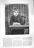 Original Old Antique Print 1886 Portrait Little Girl Desk Book Stevens 19th