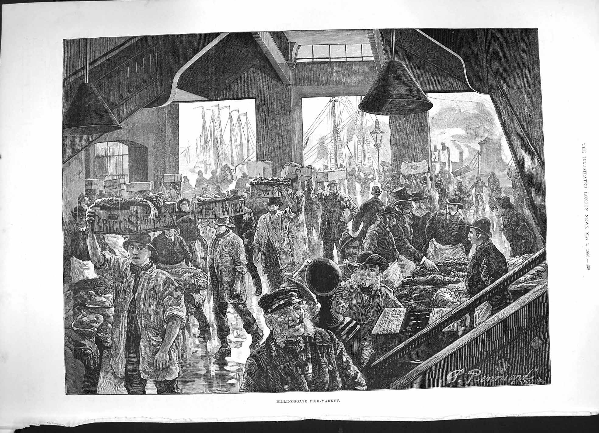 Original Old Antique Print 1886 Fine Art Billingsgate Fish Market Fishermen