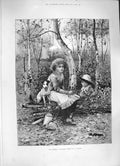 Original Old Antique Print 1886 Woodmans Daughter Little Girls Pet Dog Fine Art