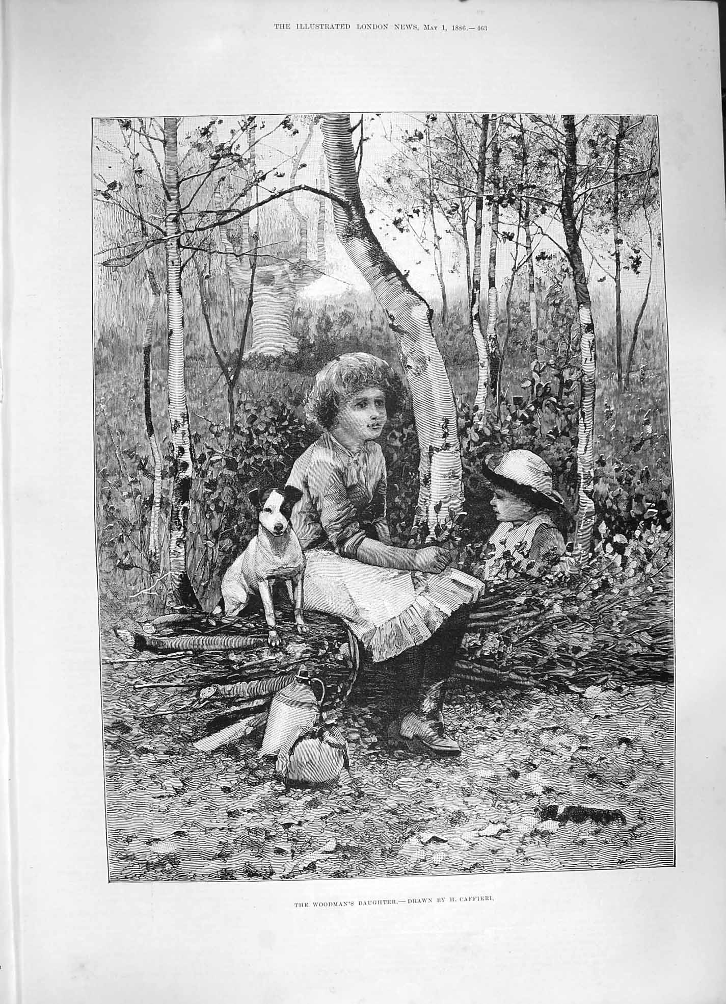 Original Old Antique Print 1886 Woodmans Daughter Little Girls Pet Dog Fine Art