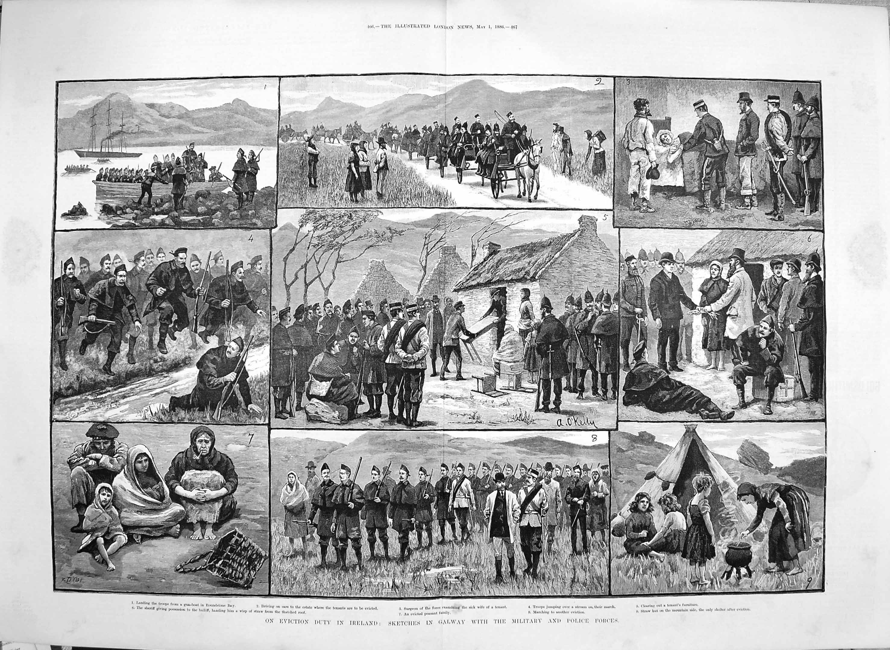 Old Print *3374 1886 Eviction Duty Ireland Galway Military Police Force