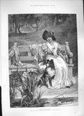 Original Old Antique Print 1886 Fine Art Young Woman Pet Dog Bench Morgan 19th