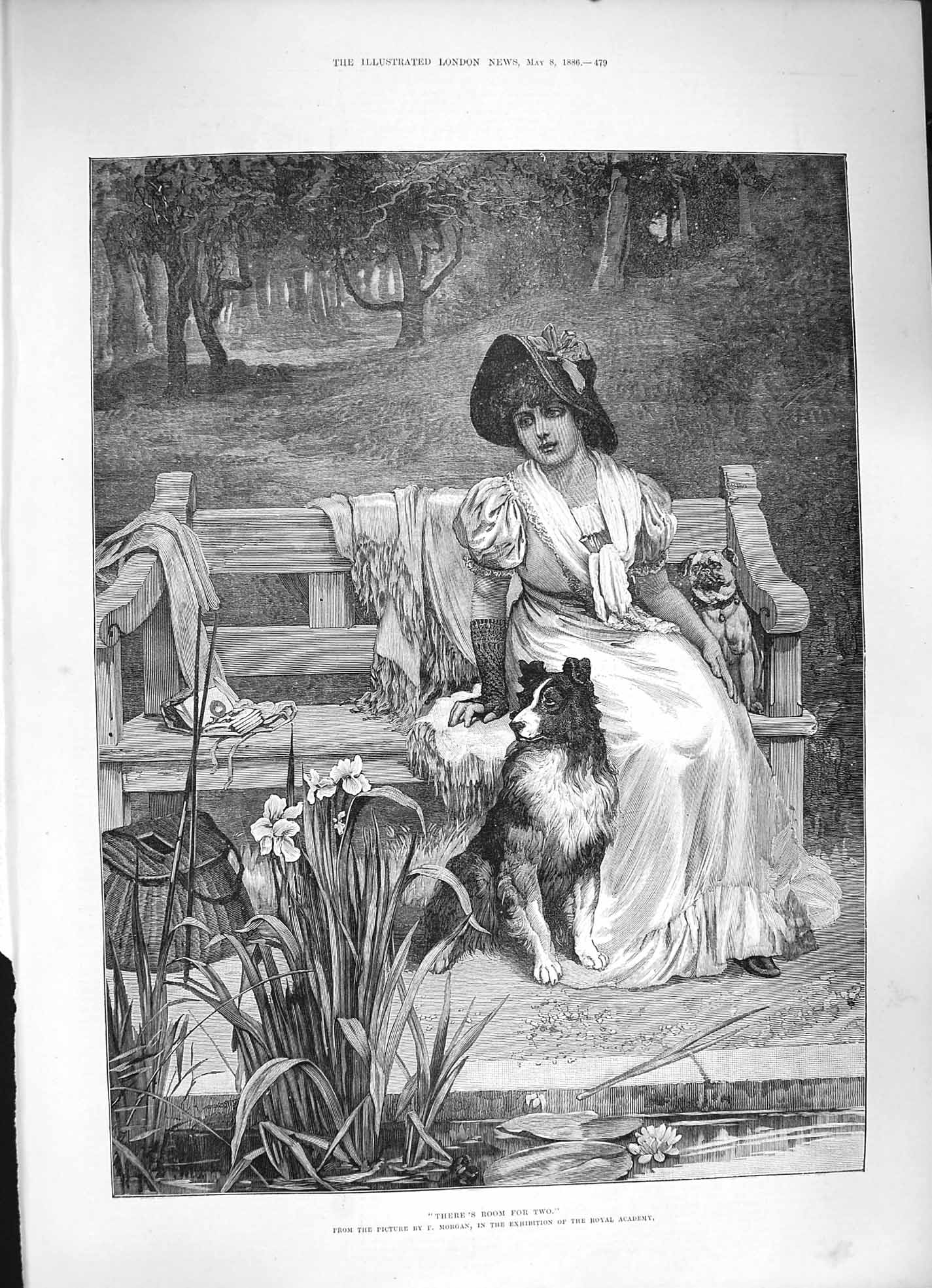Original Old Antique Print 1886 Fine Art Young Woman Pet Dog Bench Morgan 19th