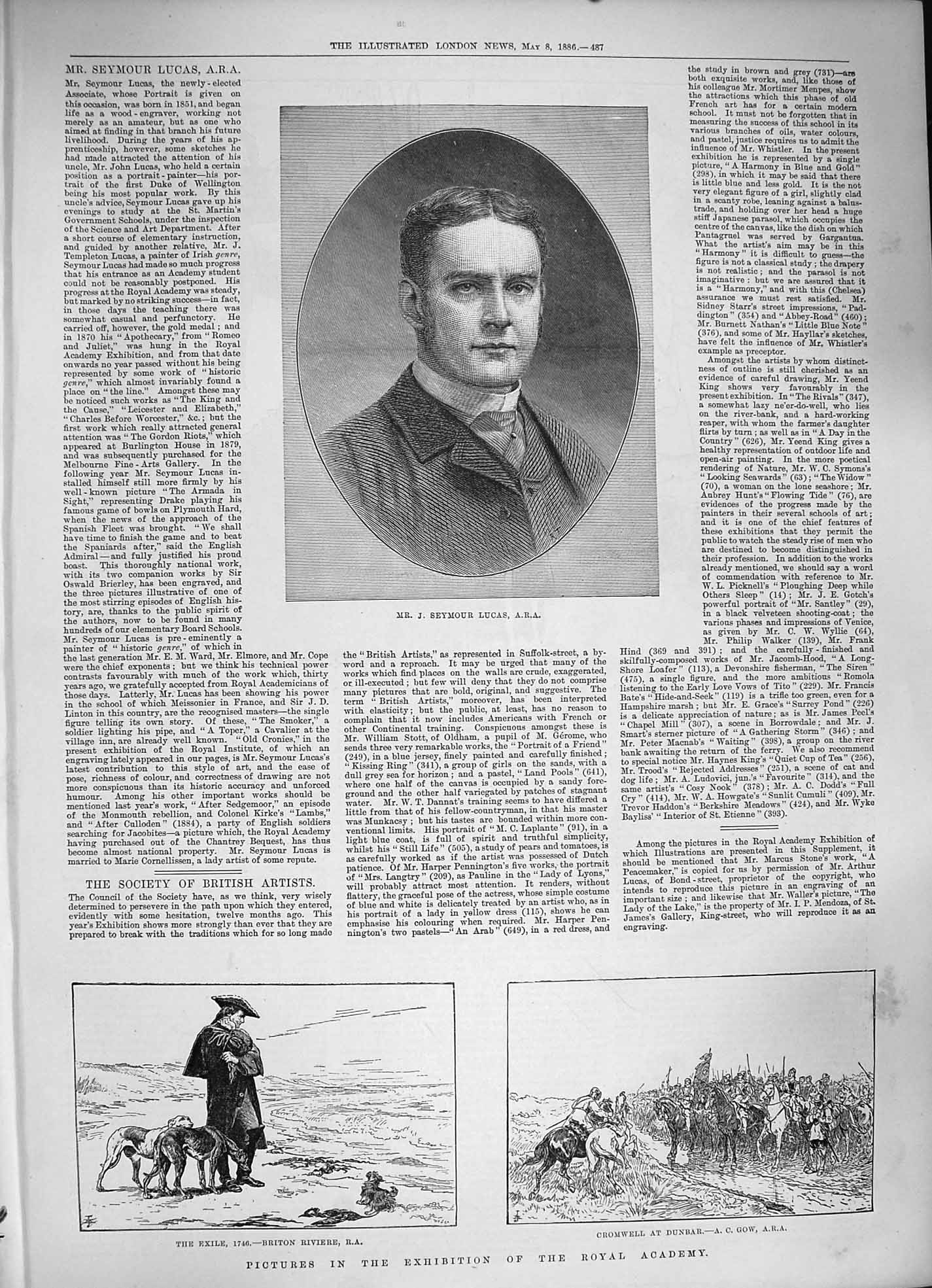 Old Antique Print 1886 Seymour Lucas Art Exhibition Cromwell Dunbar War 19th