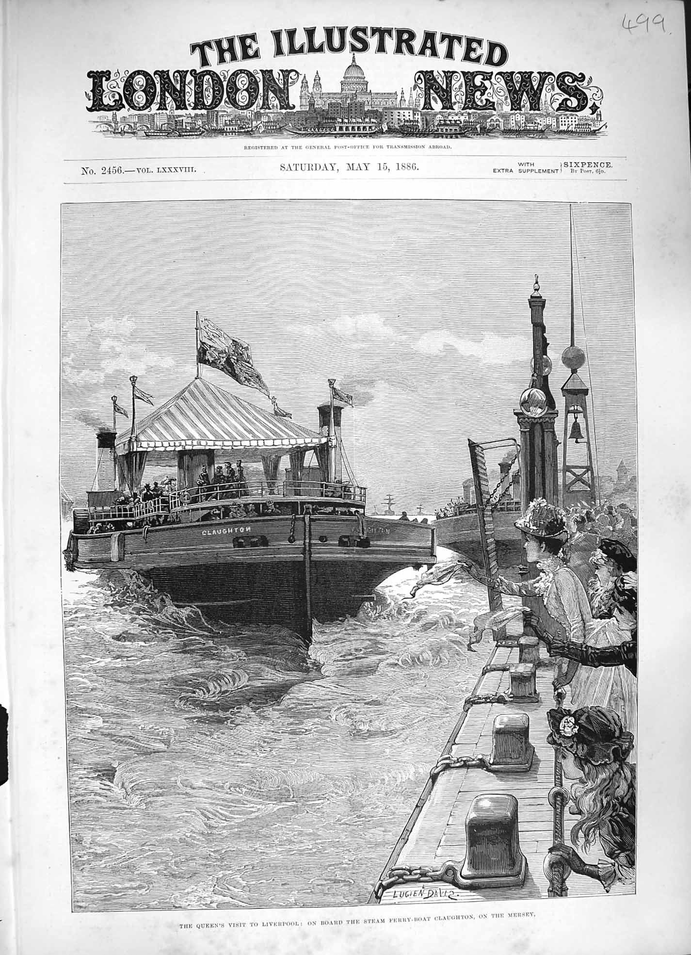 Antique Print *3370 1886 Queen Liverpool Steam Ferry Boat Claughton Mersey