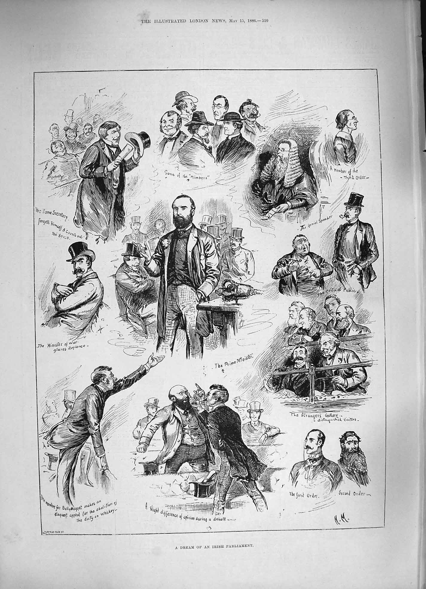 Old Antique Print 1886 Irish Parliament Strangers Gallery Home Secretary 19th